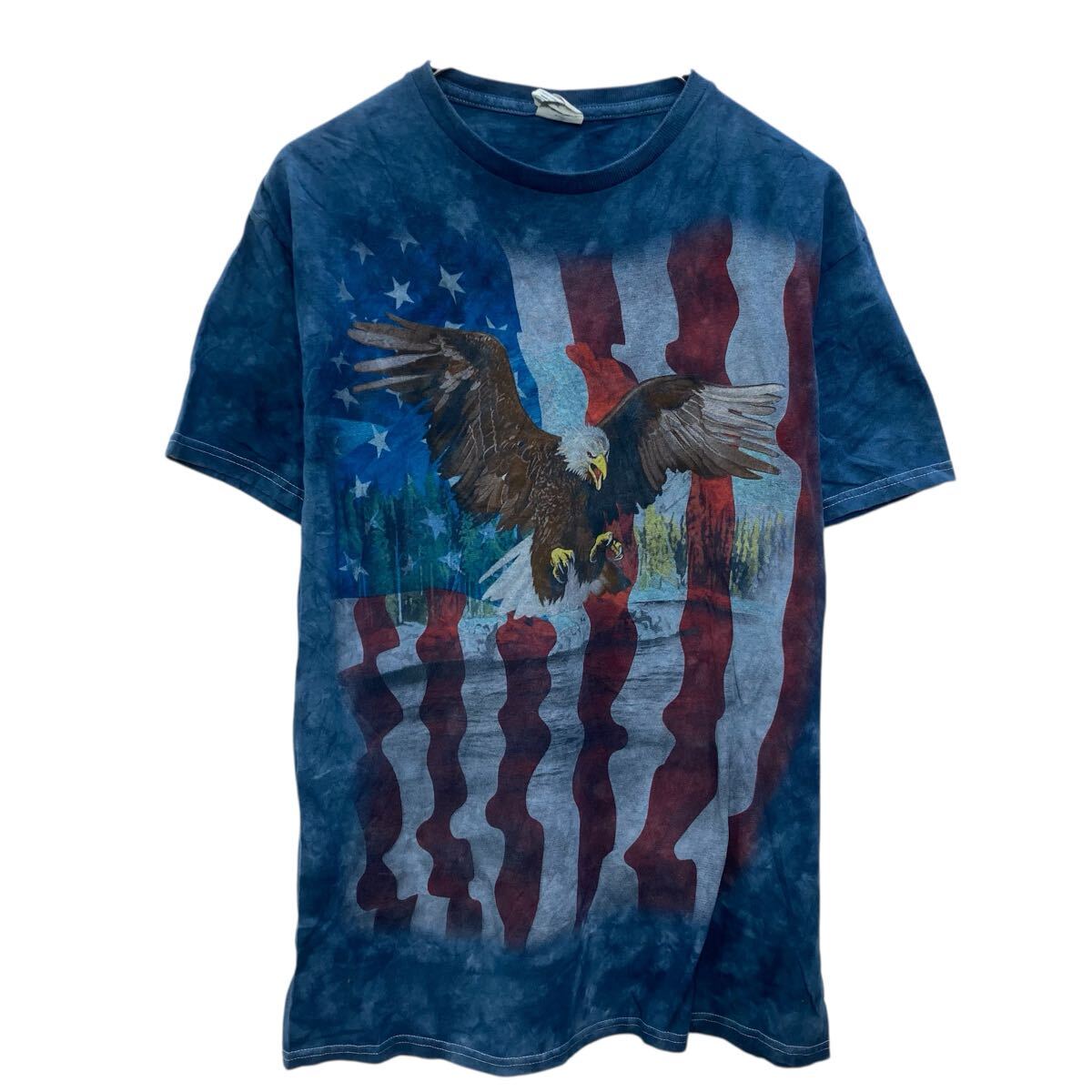 【中古】【古着】 delta 半袖 プリントTシャツ M ネイビー デルタ プルオーバー ビッグプリント タイダイ イーグル 古着卸 アメリカ仕入 a706-5597