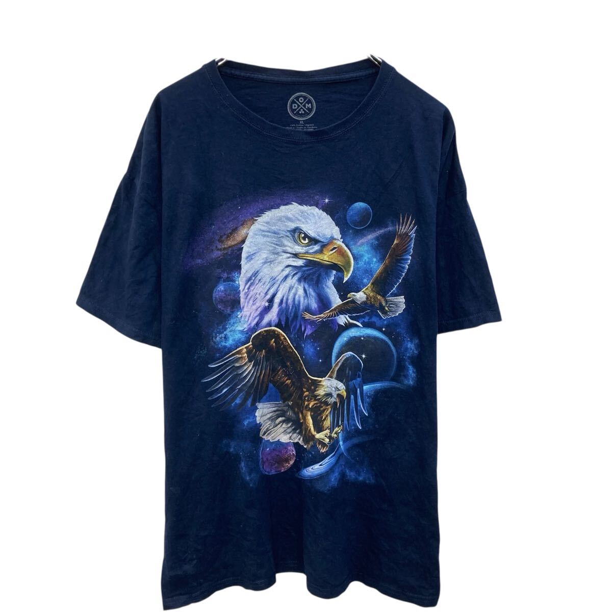 【中古】【古着】 DOM 半袖 プリントTシャツ XL ネイビー ドム プルオーバー アニマルプリント ビッグプリント イーグル 古着卸 アメリカ仕入 a706-5601
