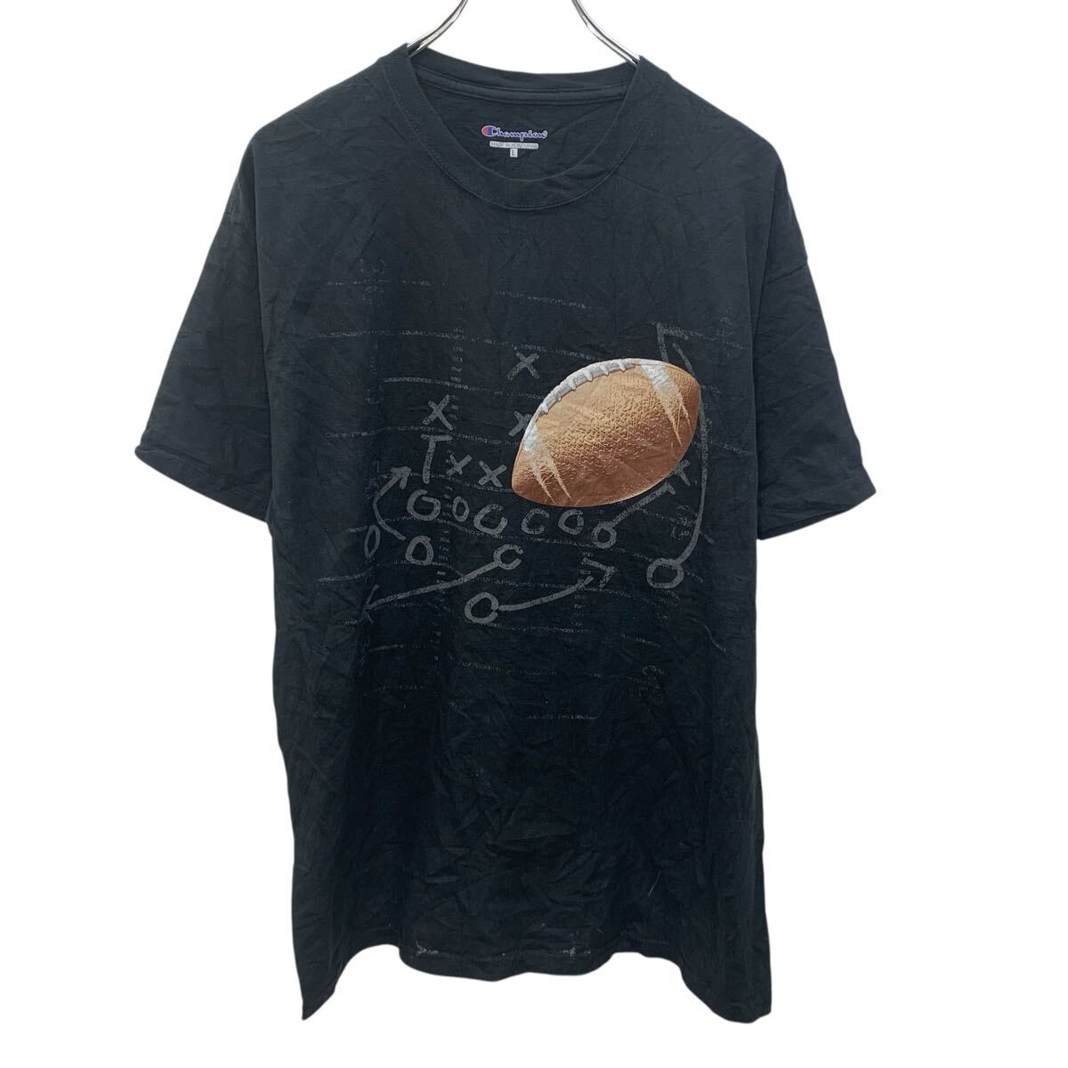 【中古】【古着】 Champion 半袖 プリントTシャツ L ブラック チャンピオン プルオーバー ラグビー スポーティー カットソー 古着卸 アメリカ仕入 a706-5740