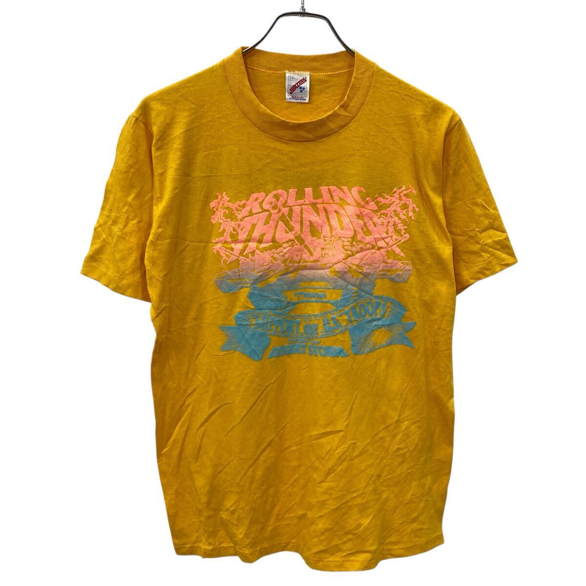 【中古】【古着】 JERZEES 半袖 プリント Tシャツ M イエロー ジャージーズ プルオーバー バックプリント ビッグプリント 古着卸 アメリカ仕入 a706-6007