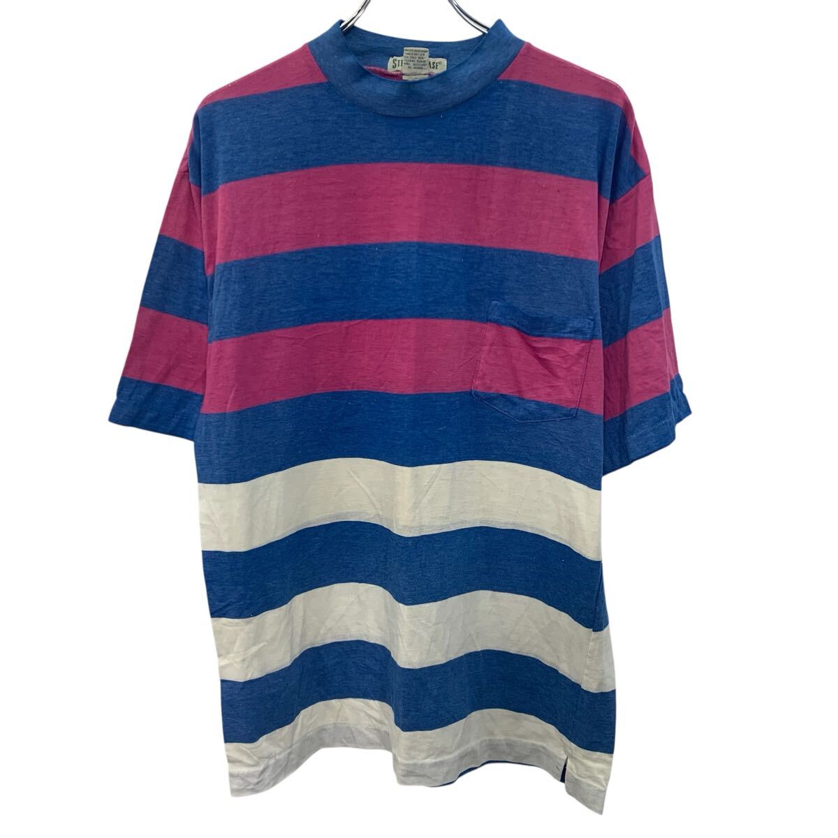【中古】【古着】 STEEPLE CHASE 半袖 ボーダー Tシャツ L ブルー ピンク ホワイト プルオーバー 90's〜 90年代〜 カットソー 古着卸 アメリカ仕入 a706-6028