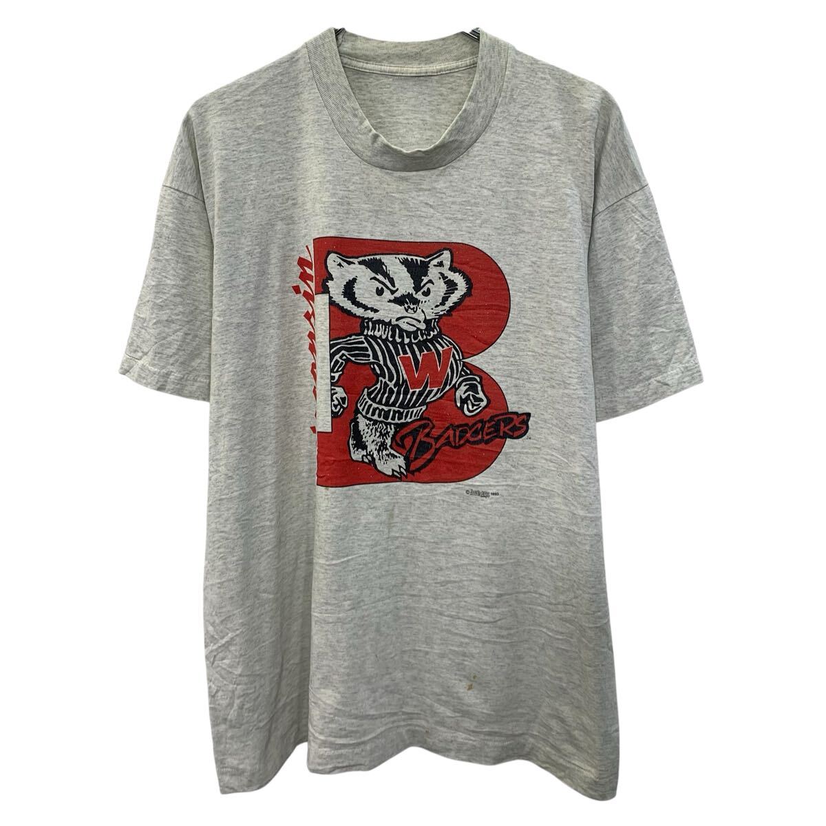  WISCONSIN 半袖 プリントTシャツ M〜 グレー ウィスコンシン プルオーバー バッキーくん 90's 90年代 古着卸 アメリカ仕入 a706-6109