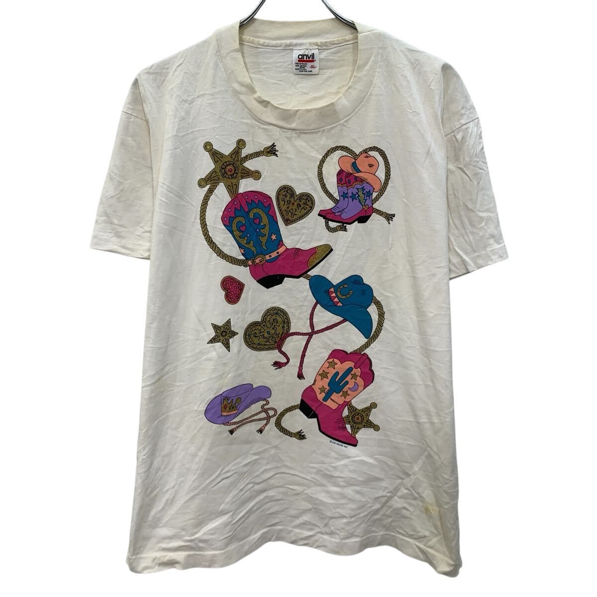 【中古】【古着】 anvil 半袖 プリントTシャツ XL ホワイト アンビル プルオーバー アメリカ製 90's 90年代 カウボーイ 古着卸 アメリカ仕入 a707-5057