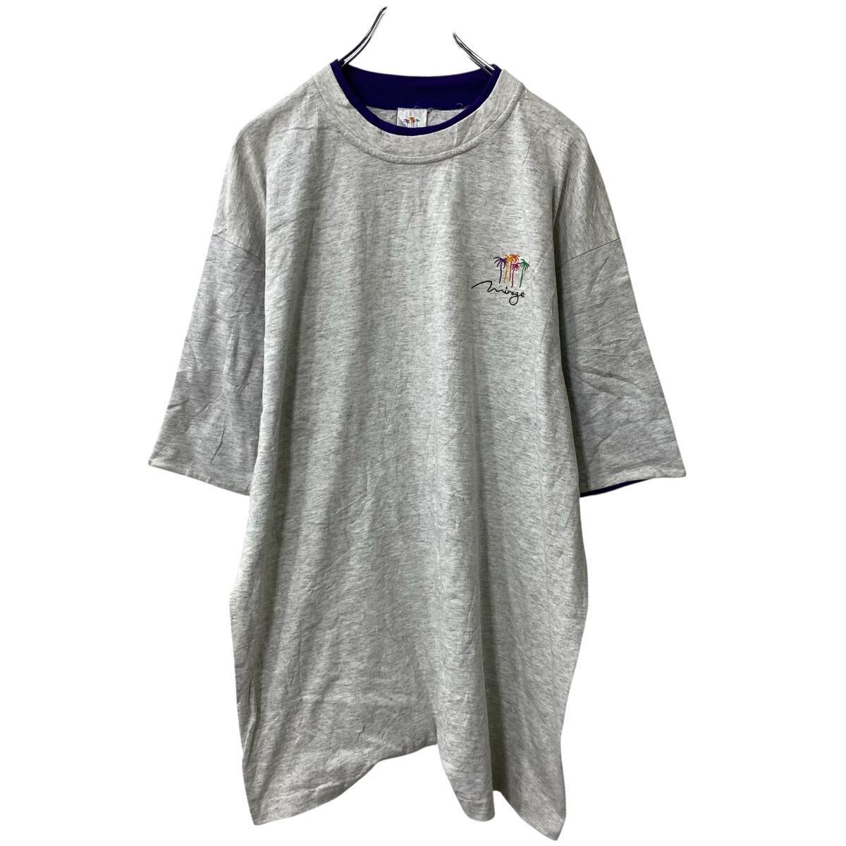 【中古】【古着】 mirage 半袖 ロゴTシャツ 3XL 杢ライトグレー ダブルネック レイヤード風 ビッグサイ..