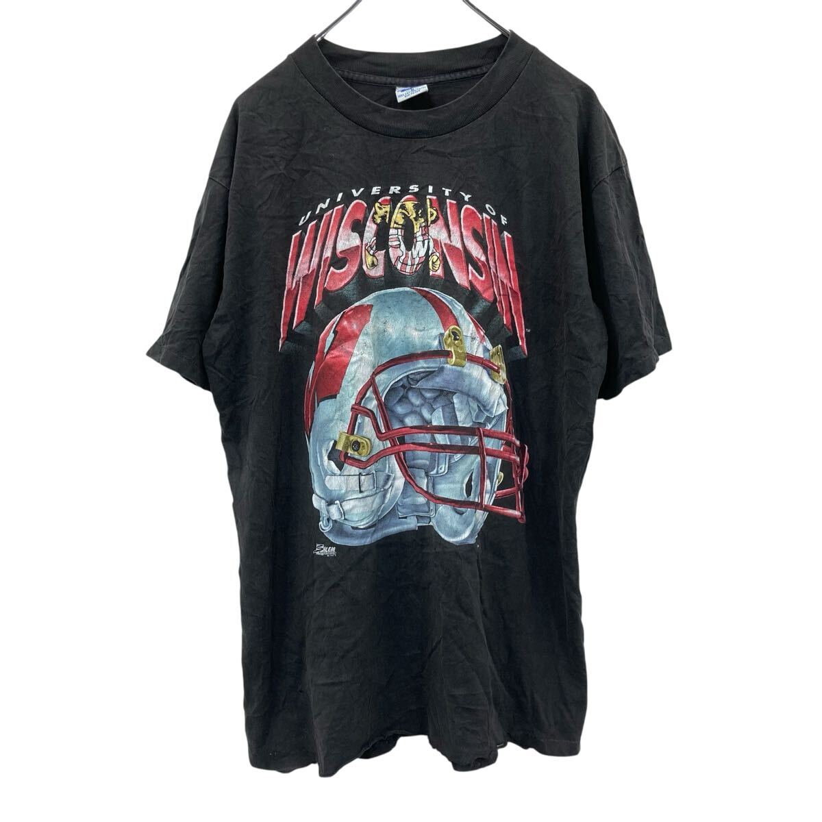 【中古】【古着】 SALEM 半袖 プリントTシャツ M フェードブラック USA製 WISCONSIN カレッジ アメフト 古着卸 アメリカ仕入 a707-5419