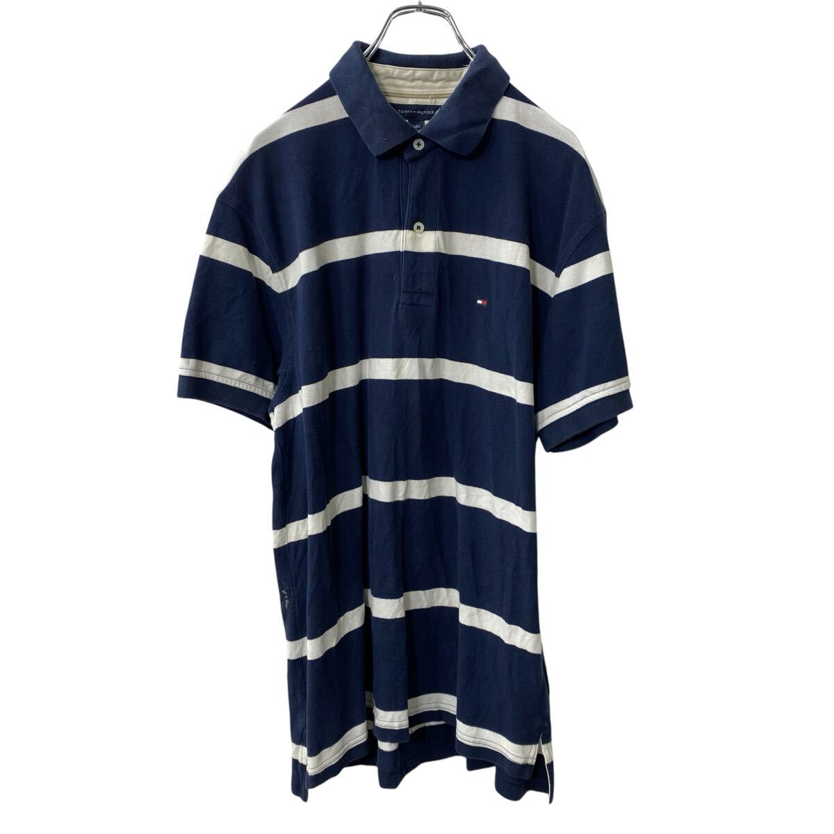 【中古】【古着】 TOMMY HILFIGER 半袖 ボーダー ポロシャツ L ネイビー ホワイト トミーヒルフィガー 鹿子 古着卸 アメリカ仕入 a707-5438