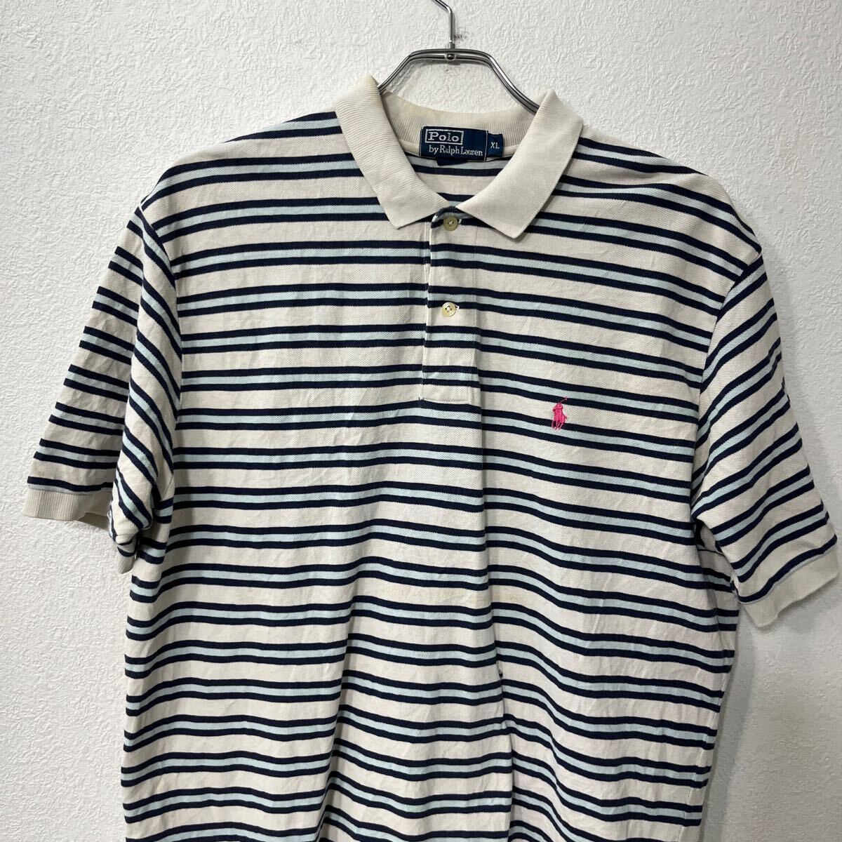 【中古】【古着】 POLO RALPH LAUREN 半袖 ボーダー ポロシャツ XL ホワイト ブル...