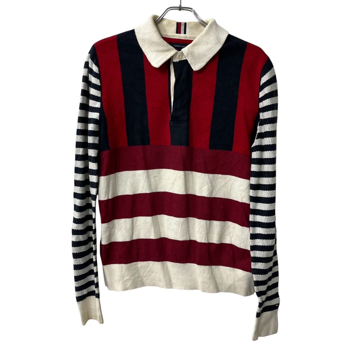 【中古】【古着】 TOMMY HILFIGER 長袖 ボーダー ストライプ ポロシャツ M レッド ネイビー ホワイト トミーヒルフィガー 古着卸 アメリカ仕入 a707-5900