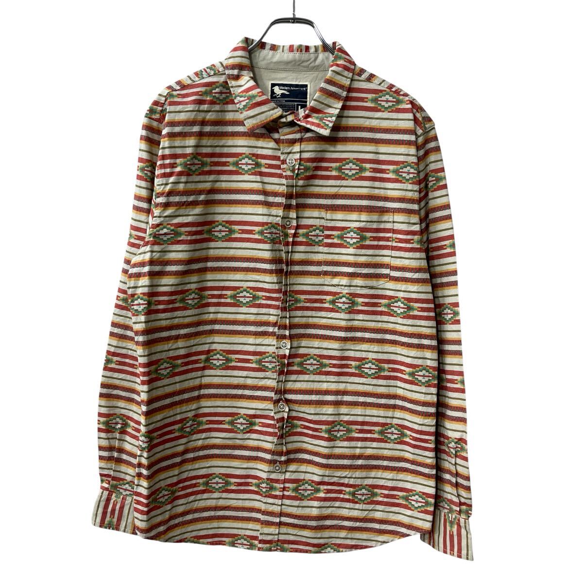【中古】【古着】 Modern Amusement 長袖シャツ L レッド ホワイト モダンアミューズメント 柄シャツ チマヨ柄 古着卸 アメリカ仕入 a708-5235