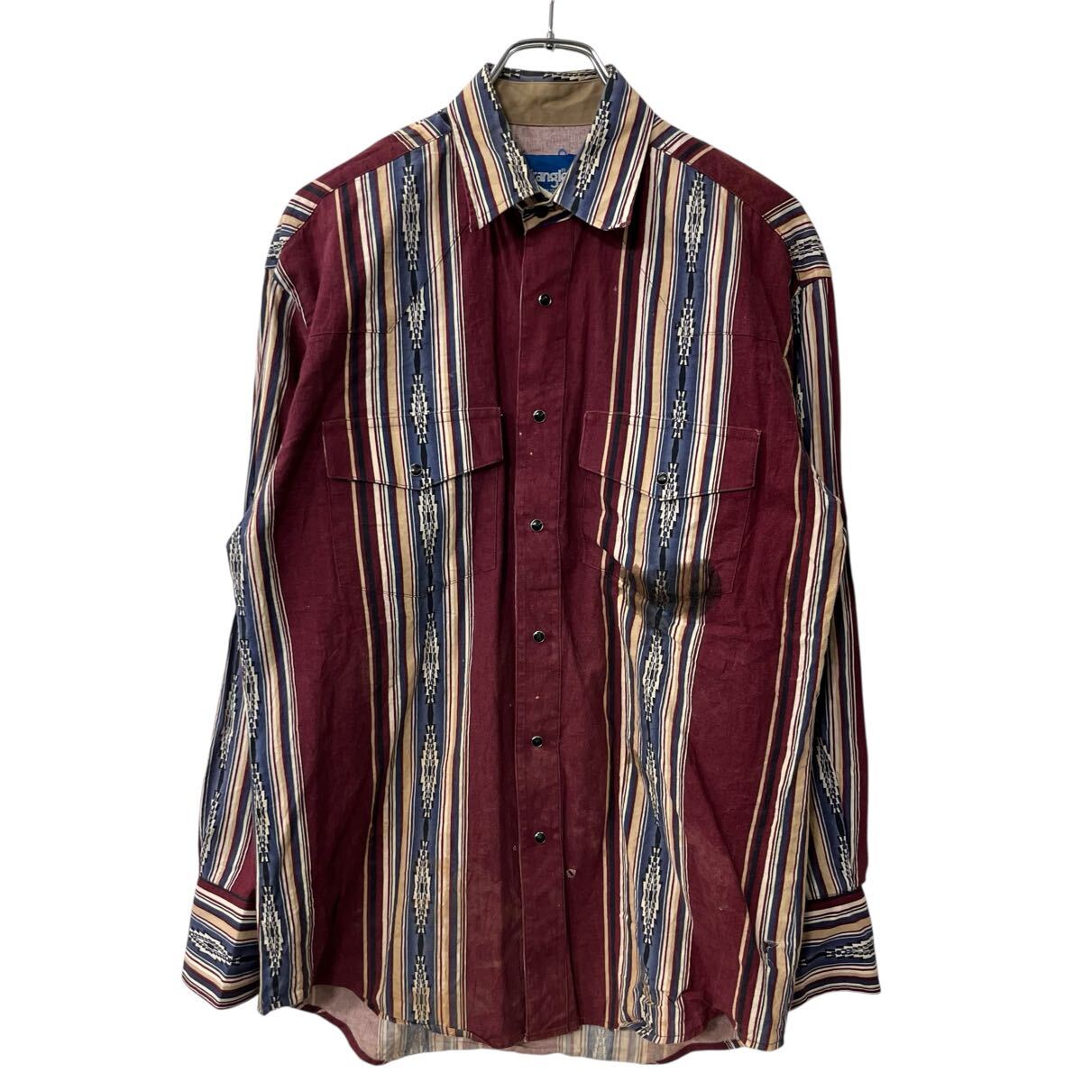 【中古】【古着】 Wrangler 長袖シャツ M ワインレッドラングラー 柄シャツ スナップボタン チマヨ柄 ストライプ 古着卸 アメリカ仕入 a708-5236