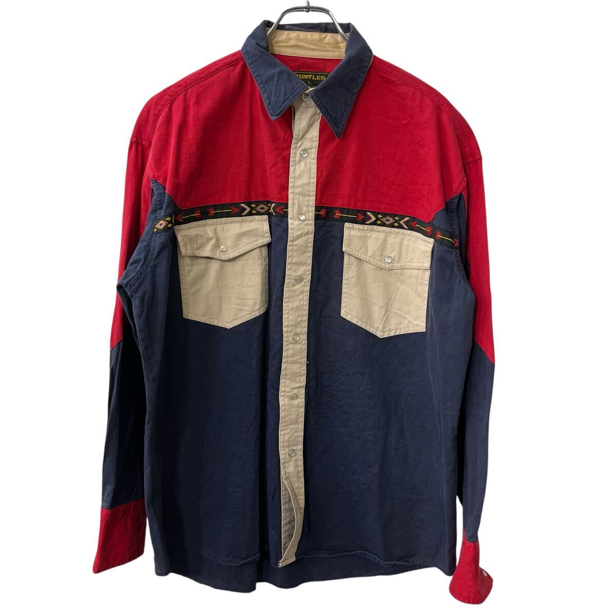 Denim Shirt - 【中古】【古着】 RUSTLER 長袖シャツ L レッド ネイビー ラスラー 柄シャツ デニム スナップボタン ポケット 古着卸 アメリカ仕入 a708-5240