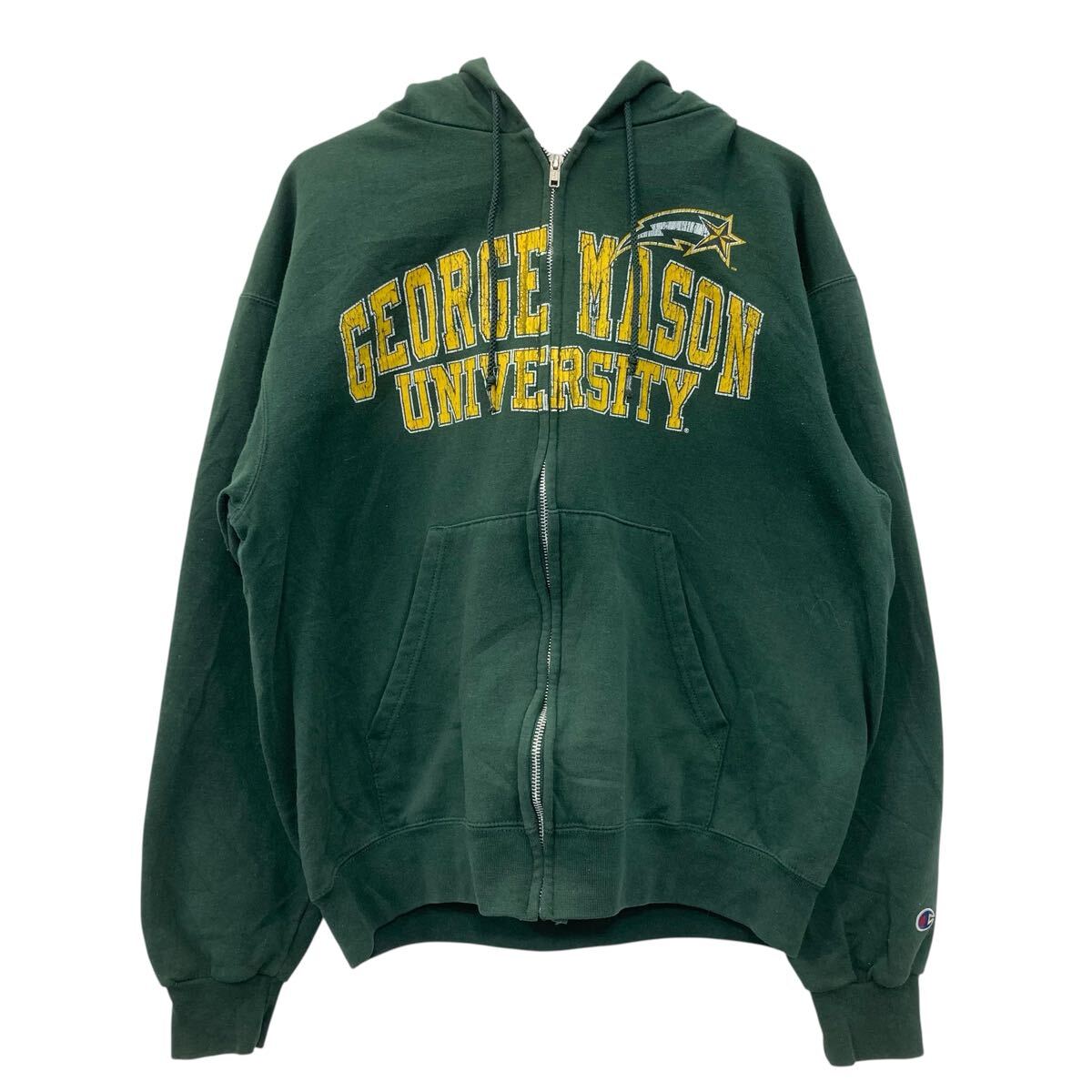 【中古】【古着】 Champion プリントスウェット パーカー M グリーン チャンピオン 裏起毛 ジップアップ カレッジ 古着卸 アメリカ仕入 a708-5287