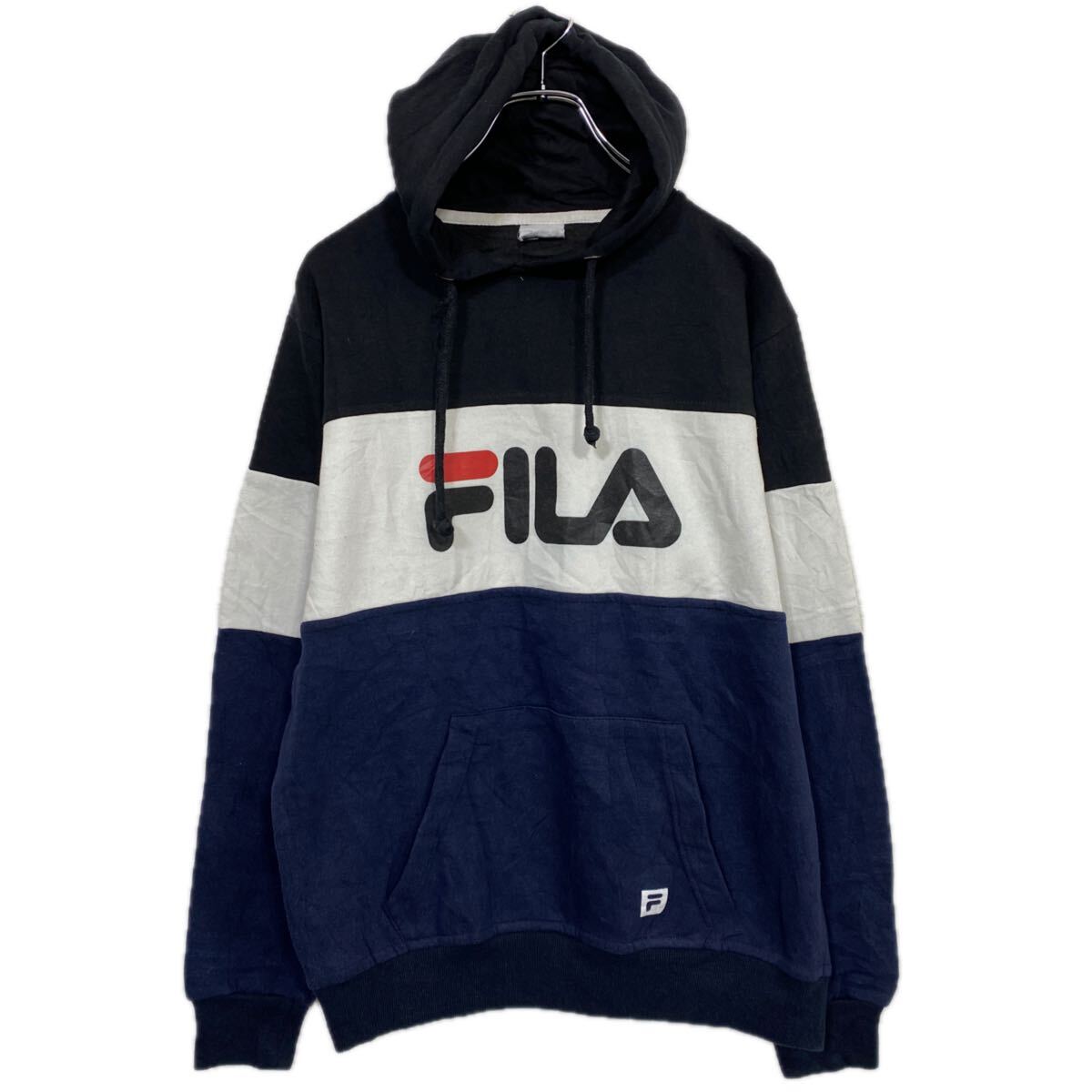 【中古】【古着】 FILA 切替 プリントスウェット パーカー L〜 ブラック ネイビー ホワイト フィラ プルオーバー 裏起毛 古着卸 アメリカ仕入 a708-5317(4)
