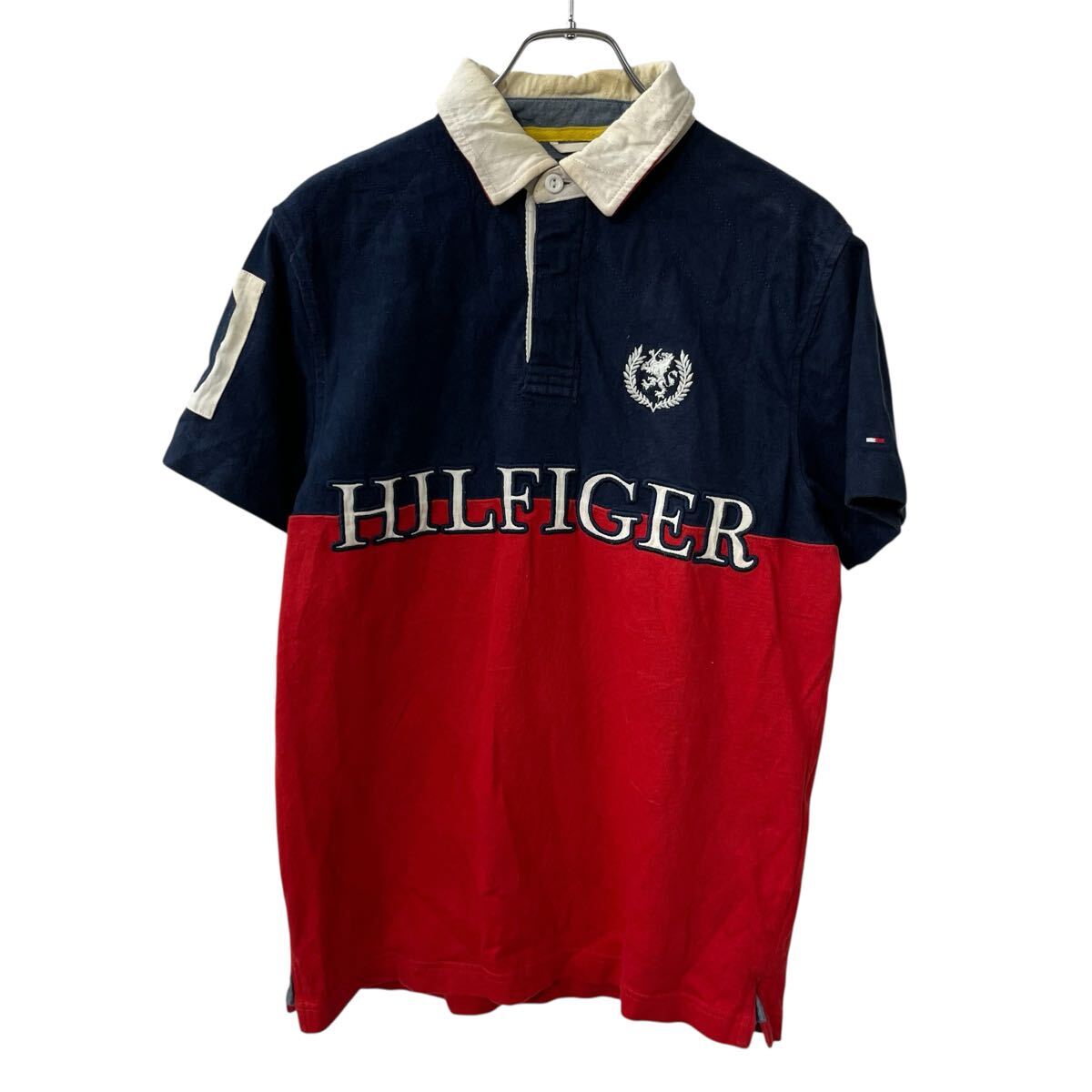 【中古】【古着】 TOMMY HILFIGER 半袖 ラガーシャツ S ネイビー レッド トミーヒルフィガー ポロシャツ トップス 古着卸 アメリカ仕入 a708-5387