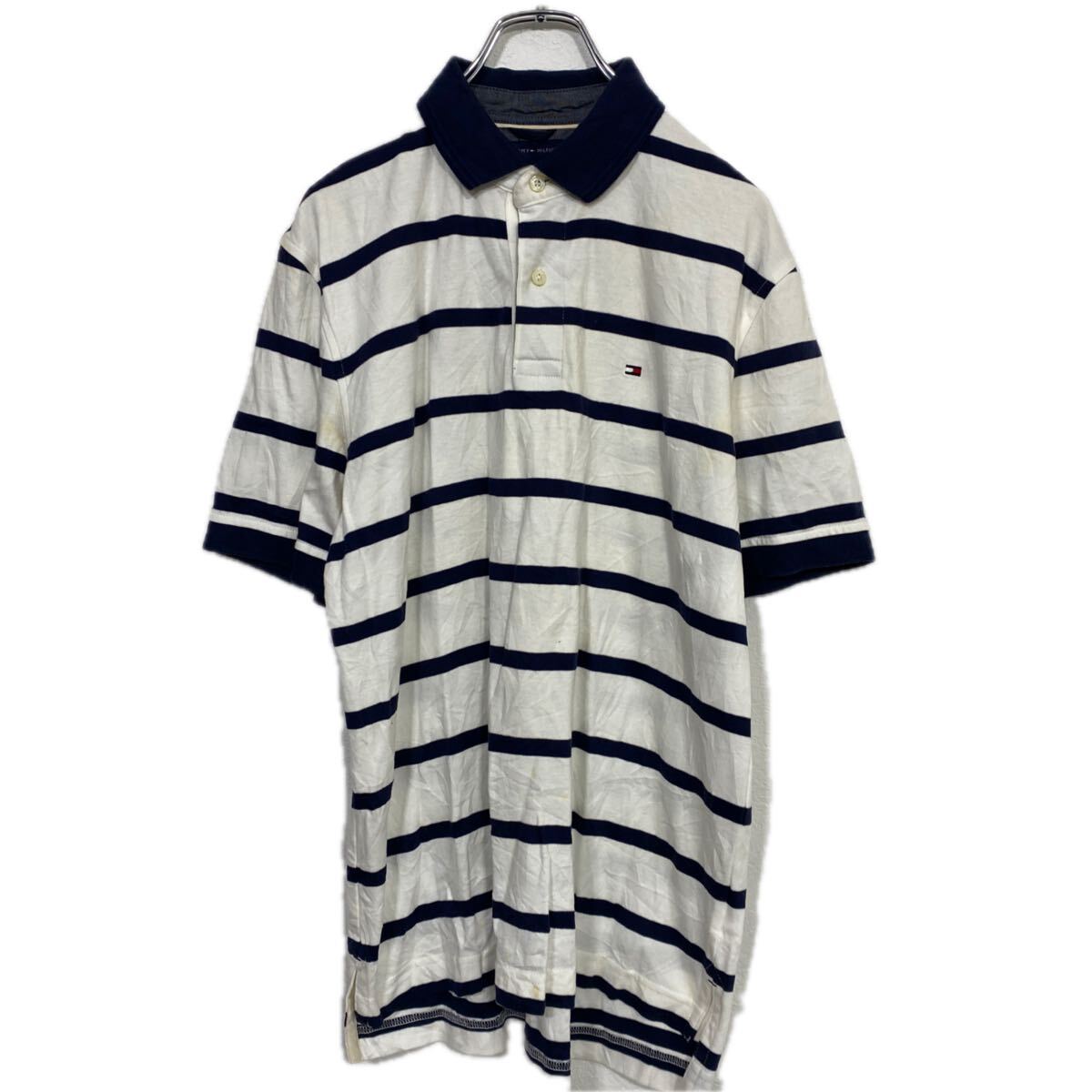 【中古】【古着】 TOMMY HILFIGER 半袖 ボーダー ポロシャツ M ホワイト ネイビー トミーヒルフィガー 古着卸 アメリカ仕入 a708-5584