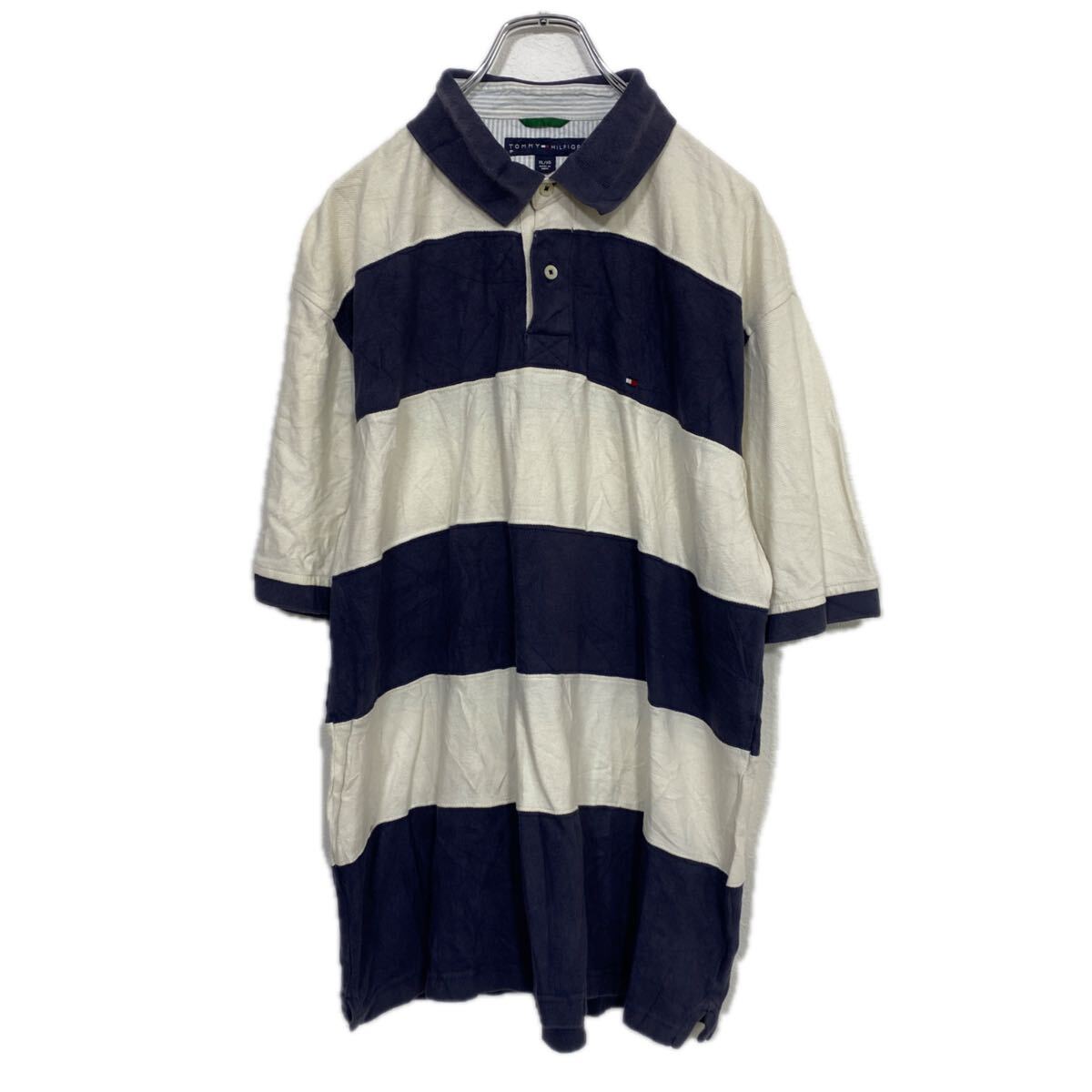 【中古】【古着】 TOMMY HILFIGER 半袖 ボーダー ポロシャツ XL ネイビー ホワイト トミーヒルフィガー 鹿子 古着卸 アメリカ仕入 a708-5589