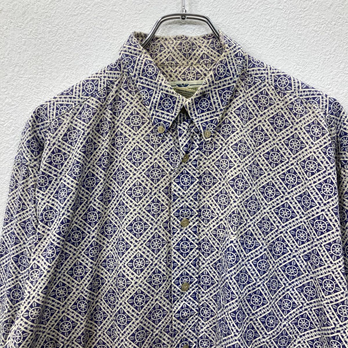 【中古】【古着】 NATURAL ISSUE 長袖 柄シャツ L ブルー ホワイト 古着卸 アメリカ仕入 a708-5635