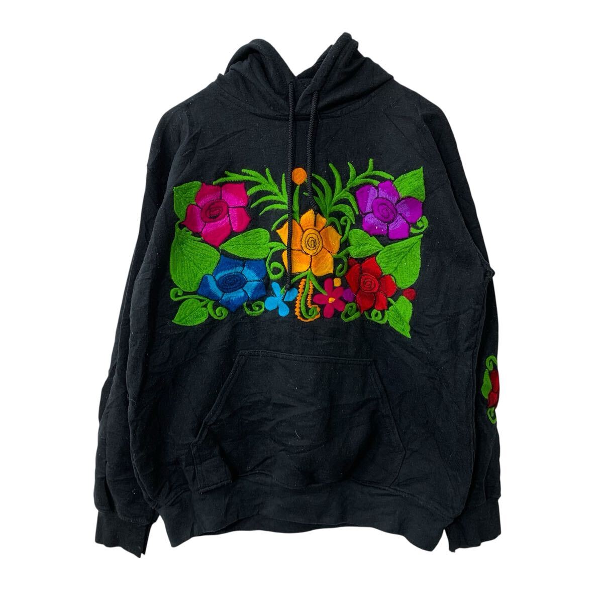 Sweat - 【中古】【古着】 プリントスウェット パーカー M ブラック 刺繍プリント プルオーバー トップス 古着卸 アメリカ仕入 a708-5856