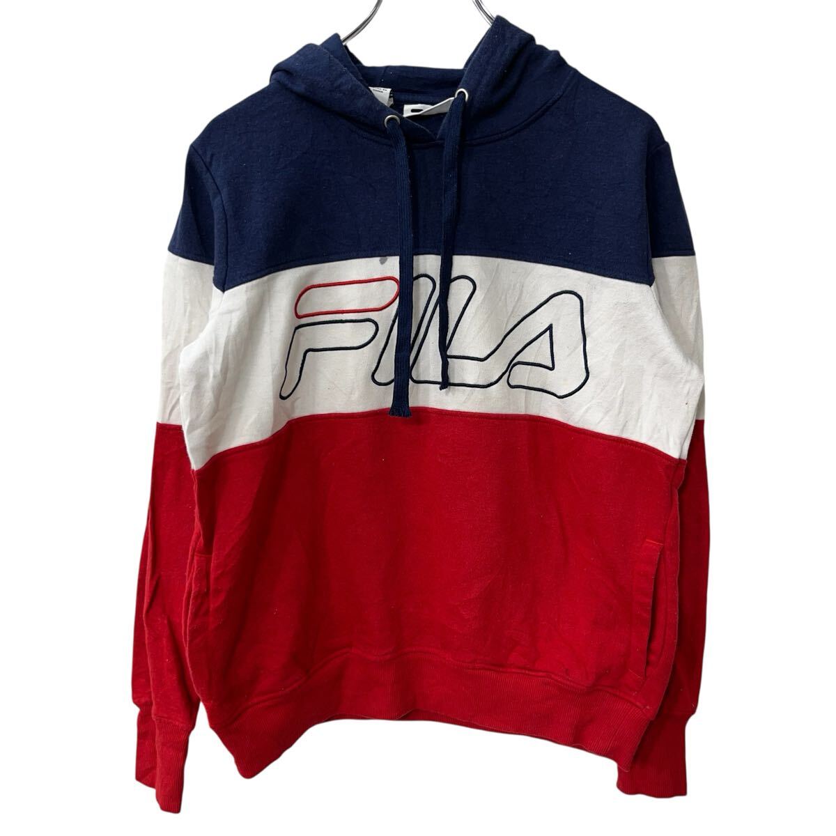 【中古】【古着】 FILA ロゴスウェット パーカー S ネイビー ホワイト レッド フィラ フーディー プルオーバー トップス 古着卸 アメリカ仕入 a708-6074