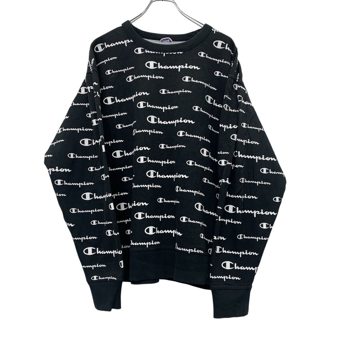 【中古】【古着】 Champion プリントスウェット トレーナー 2XL ブラック ホワイト チャンピオン 総柄 裏地パイル 古着卸 アメリカ仕入 a709-5007