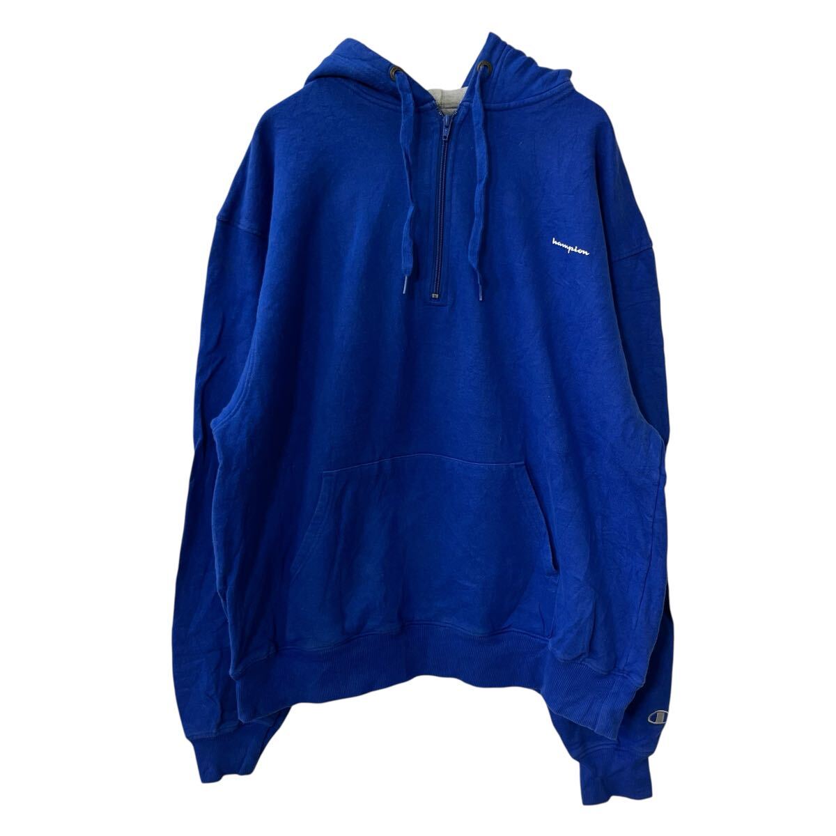 【中古】【古着】 Champion ロゴスウェット パーカー XL ブルー チャンピオン フーディー ハーフジップ プルオーバー 古着卸 アメリカ仕入 a709-5027