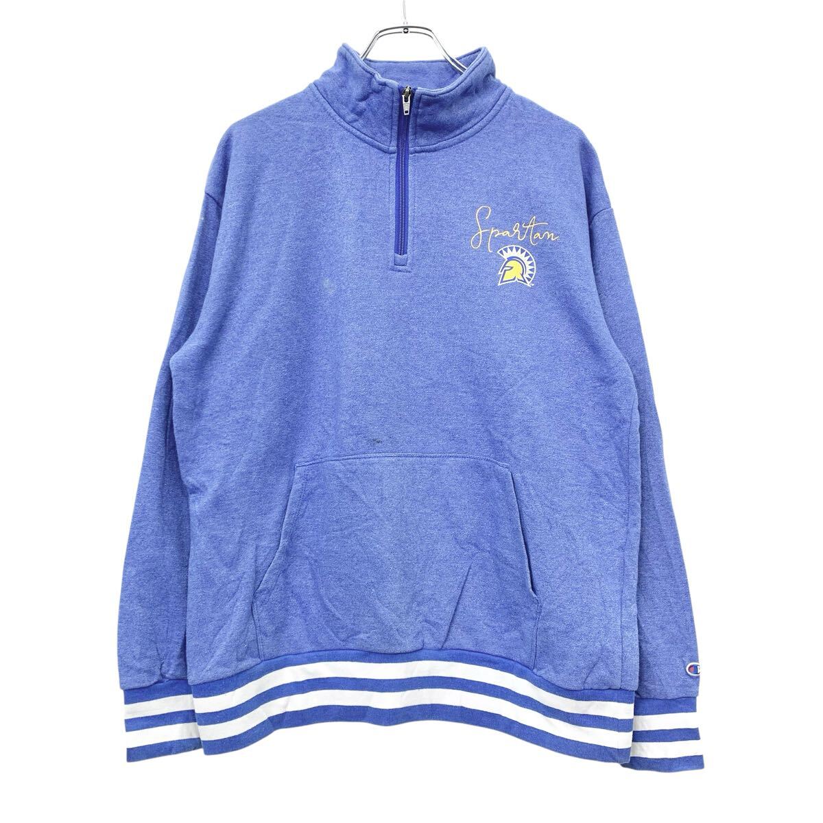 American Casual - 【中古】【古着】 Champion プリントスウェット ハーフジップ XL ブルーグレー系 チャンピオン 裏起毛 古着卸 アメリカ仕入 a709-5592