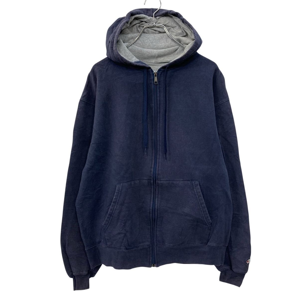 【中古】【古着】 Champion ジップアップ 無地 スウェット パーカー L ネイビー チャンピオン 裏起毛 ..