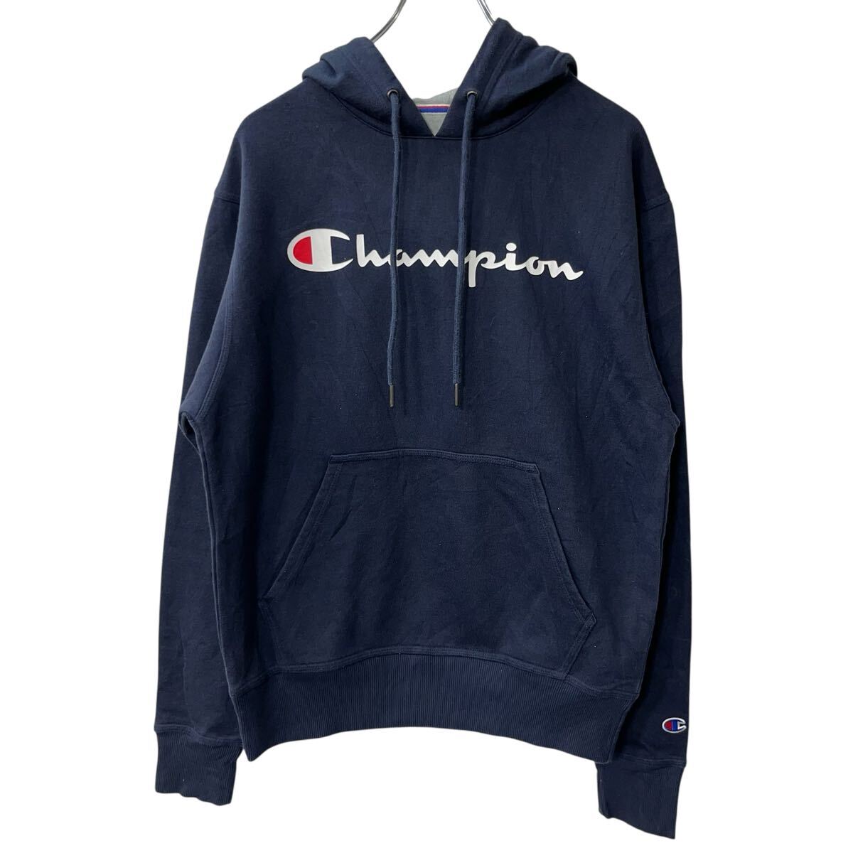 【中古】【古着】 Champion ロゴスウェット パーカー S ネイビー チャンピオン フーディー プルオーバー プリント カットソー 古着卸 アメリカ仕入 a709-5656