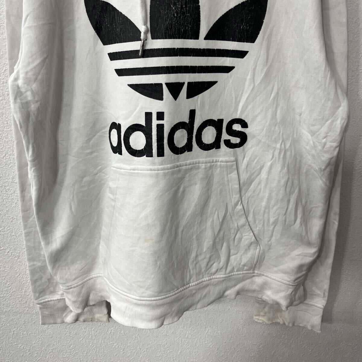 【中古】【古着】 adidas ロゴスウェット パーカー L〜 ホワイト アディダス フーディー プルオーバー ポイント トップス 古着卸 アメリカ仕入 a709-5852