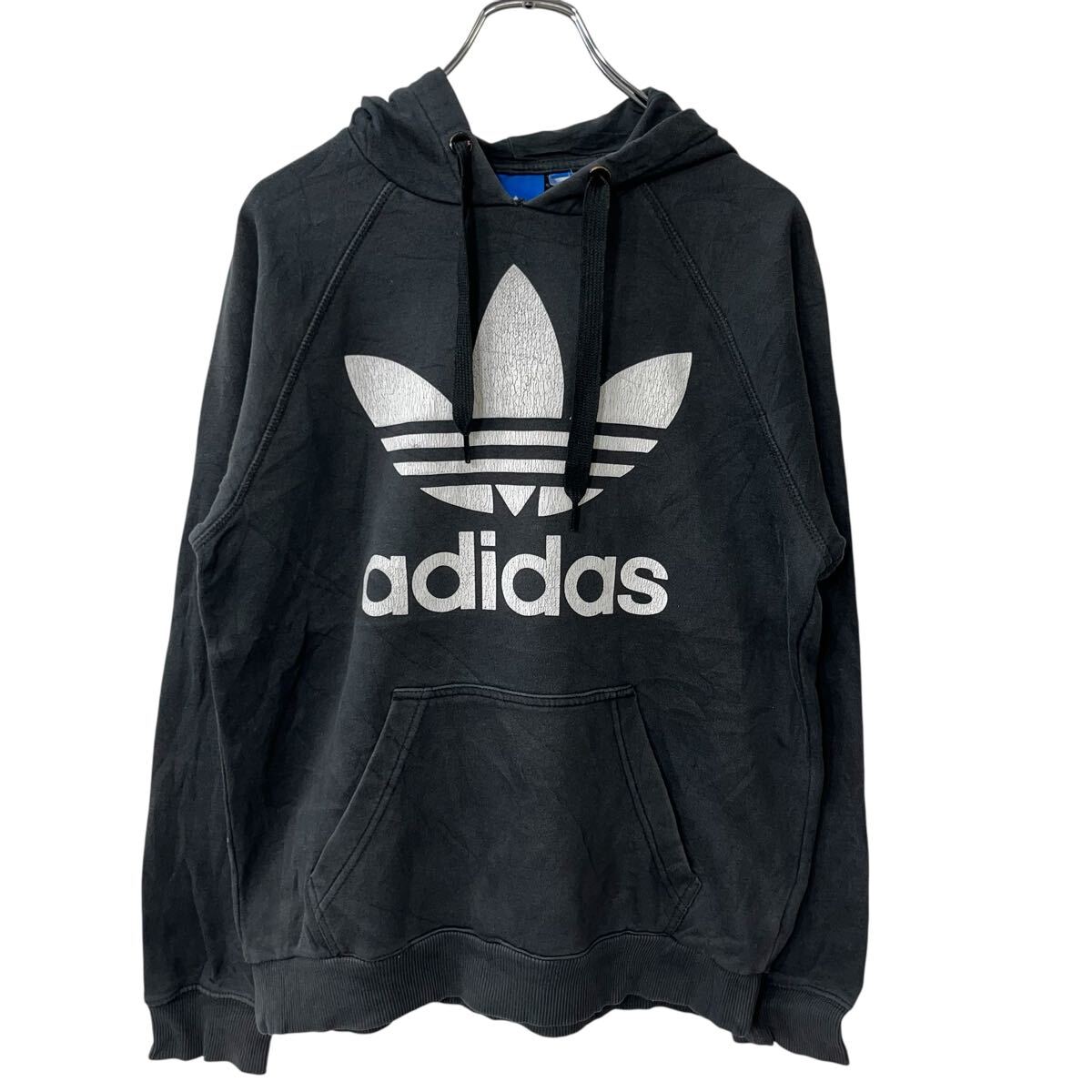 【中古】【古着】 adidas ロゴスウェット パーカー S ブラック アディダス フーディー ラグラン プルオーバー プリント 古着卸 アメリ..