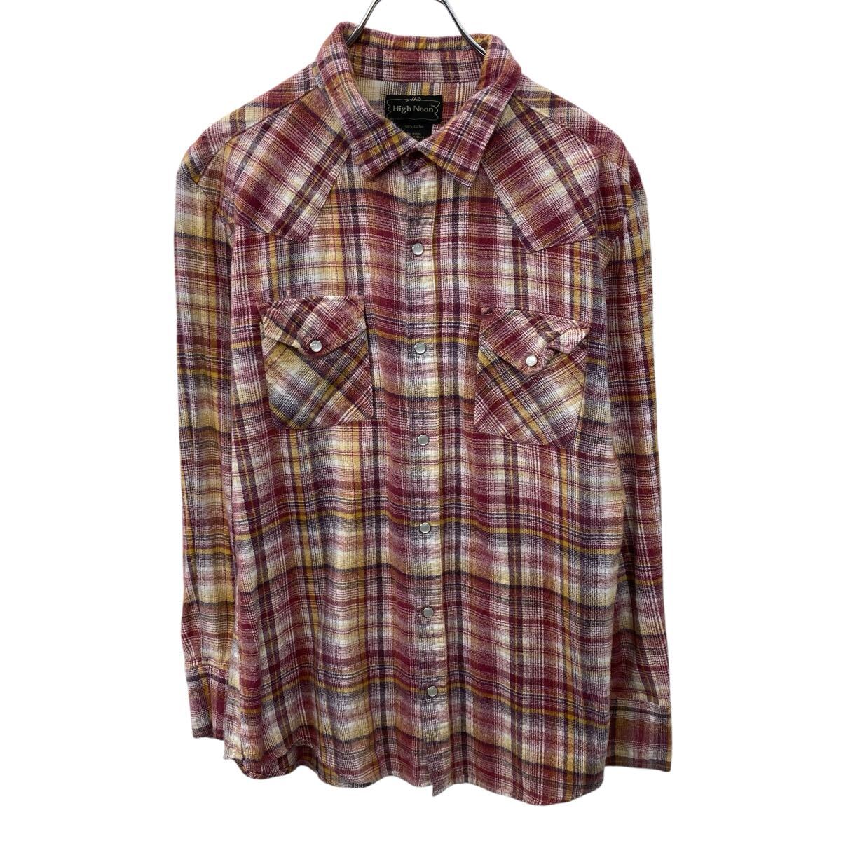 【中古】【古着】 High Noon 長袖 チェックシャツ M レッド イエロー系 スナップボタン 胸ポケット ウエスタンシャツ 古着卸 アメリカ仕入 a709-5950