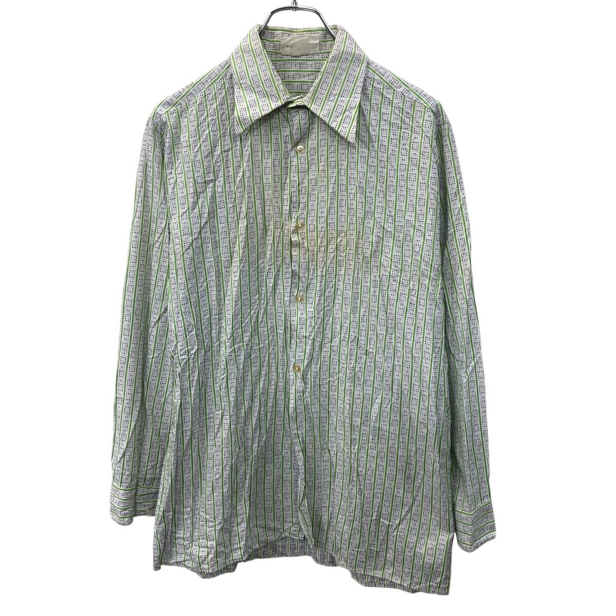 Rakuten - 【中古】【古着】 長袖 ストライプシャツ L〜 ホワイト グリーン ボタン 襟芯 70's 70年代〜 総柄 カジュアルシャツ 古着卸 アメリカ仕入 a709-6014