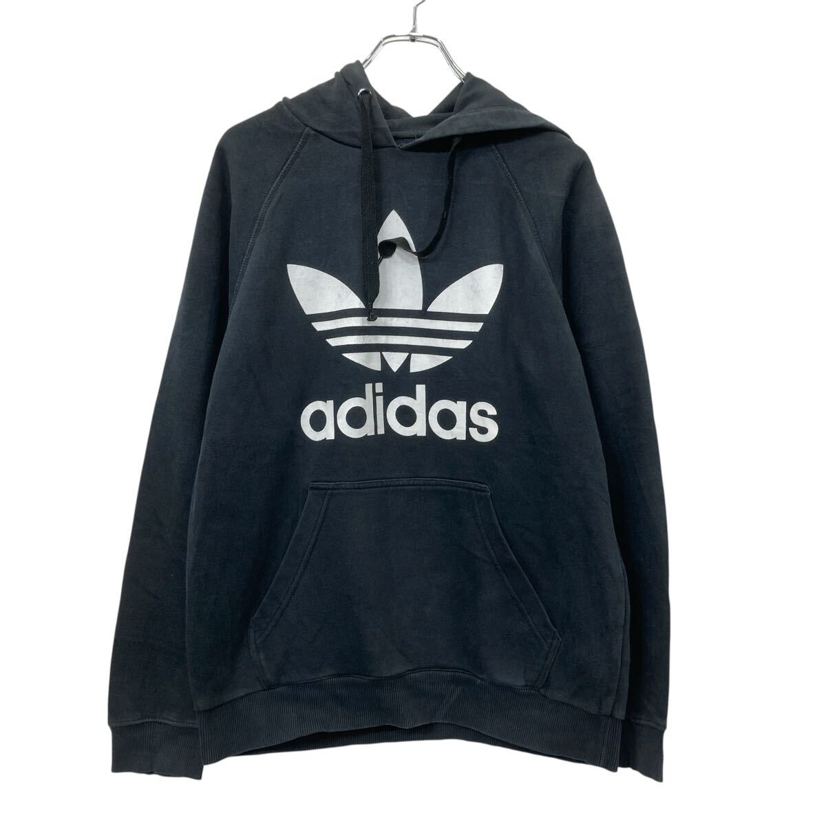 中古 古着 adidas プリントスウェット パーカー M ブラック ホワイト アディダス プルオーバー ビックプリント…