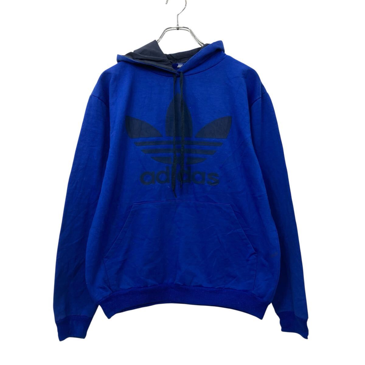 中古 古着 adidas プリントスウェット パーカー M ブルー ブラック アディダス プルオーバー ビッグプリント …