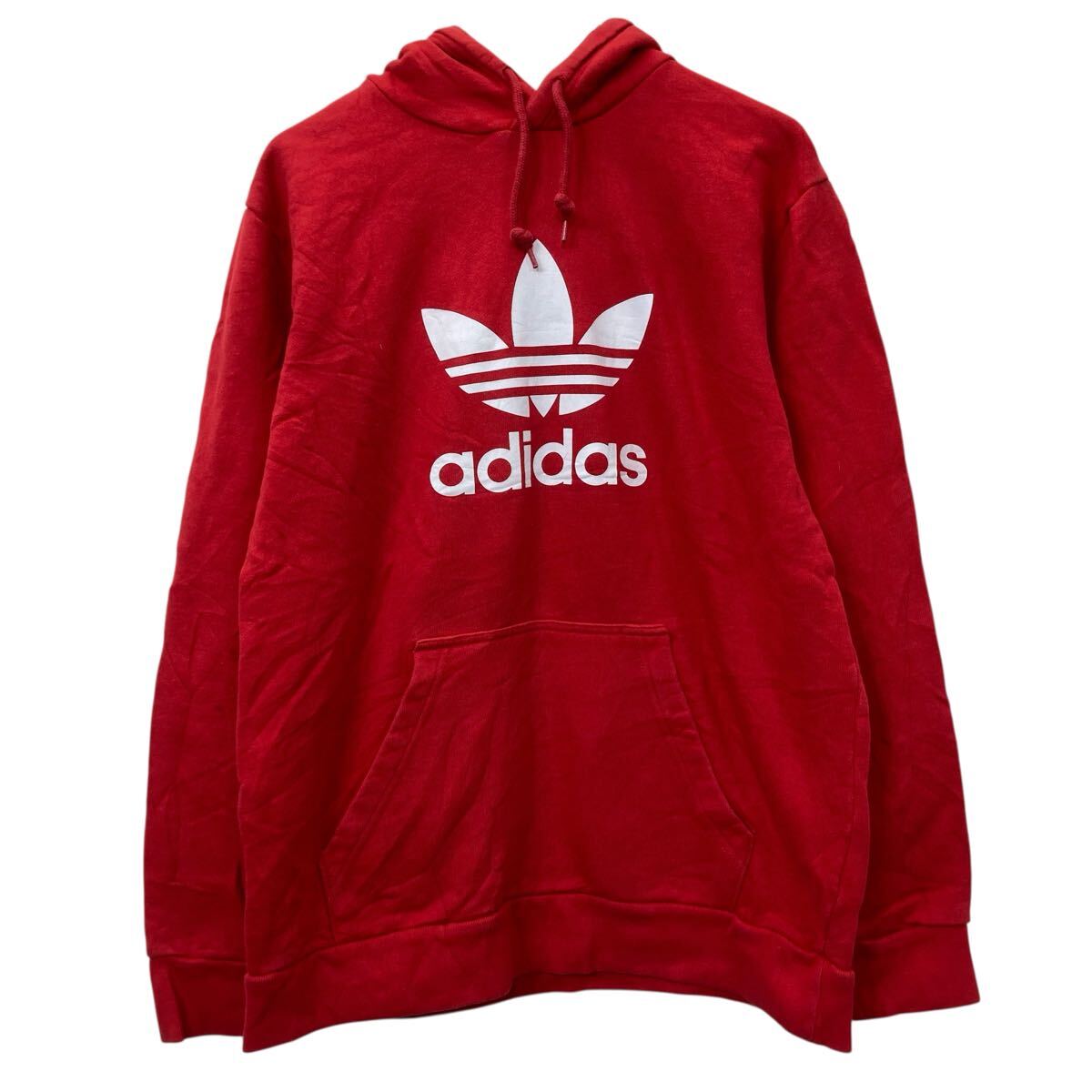 【中古】【古着】 adidas プリントスウェット パーカー M レッド ホワイト アディダス プルオーバー ビックプリント 古着卸 アメリカ仕入 a709-6231