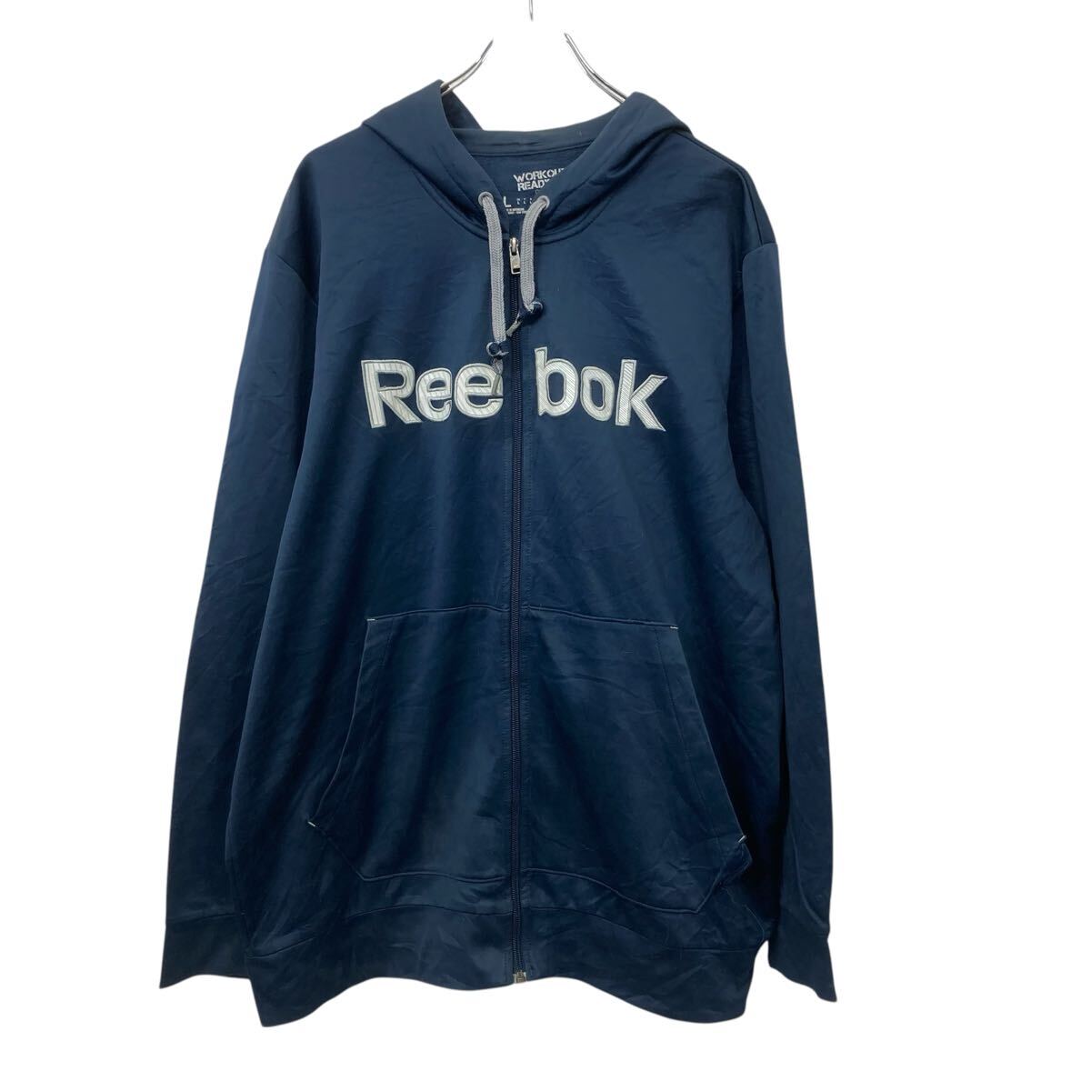 【中古】【古着】 Reebok ロゴスウェット パーカー L ネイビー ホワイト リーボック ジップアップ ビッグロゴ 古着卸 アメリカ仕入 a709-6326