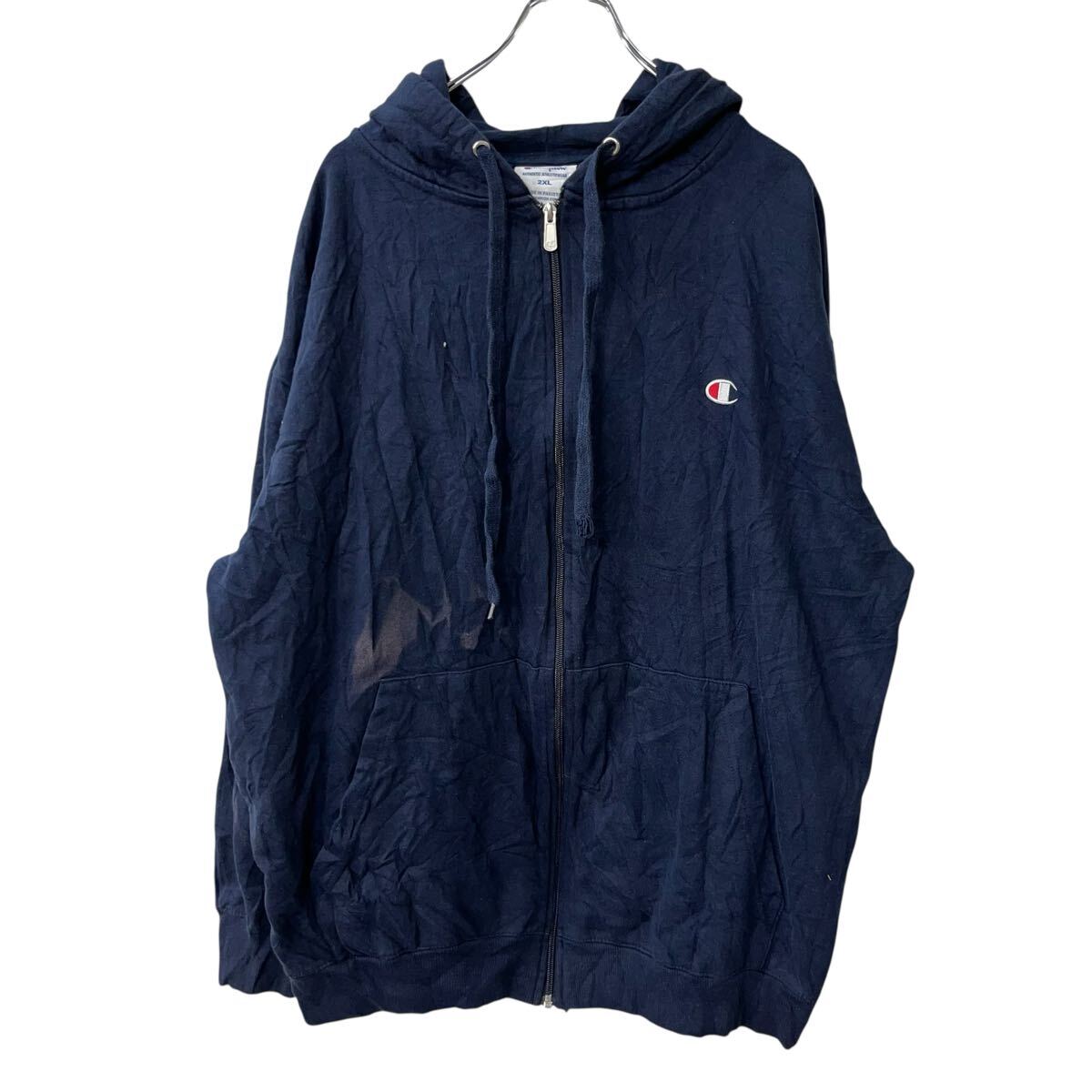 Collaboration - 【中古】【古着】 Champion ロゴスウェット パーカー 2XL ネイビー チャンピオン ビッグサイズ フーディー ジップアップ 古着卸 アメリカ仕入 a709-6407