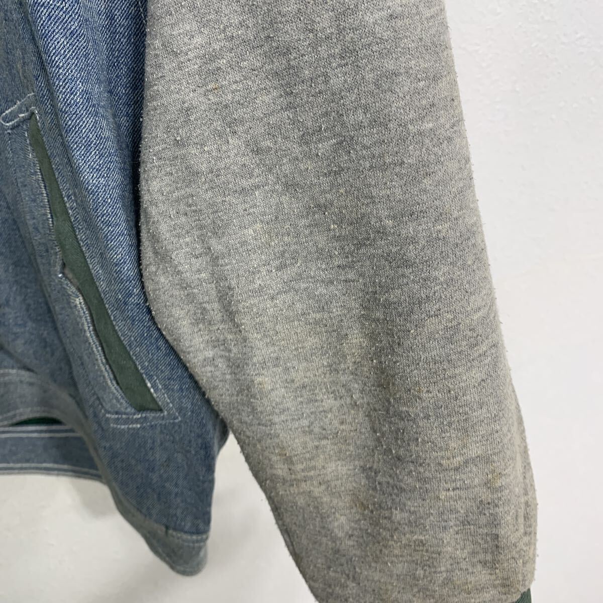 【中古】【古着】 Patina ジャケット M ブルー グレー グリーン ボタン スウェット 切替 エルボーパッチ 白ステッチ フード付き アウター 冬物 a709-6611