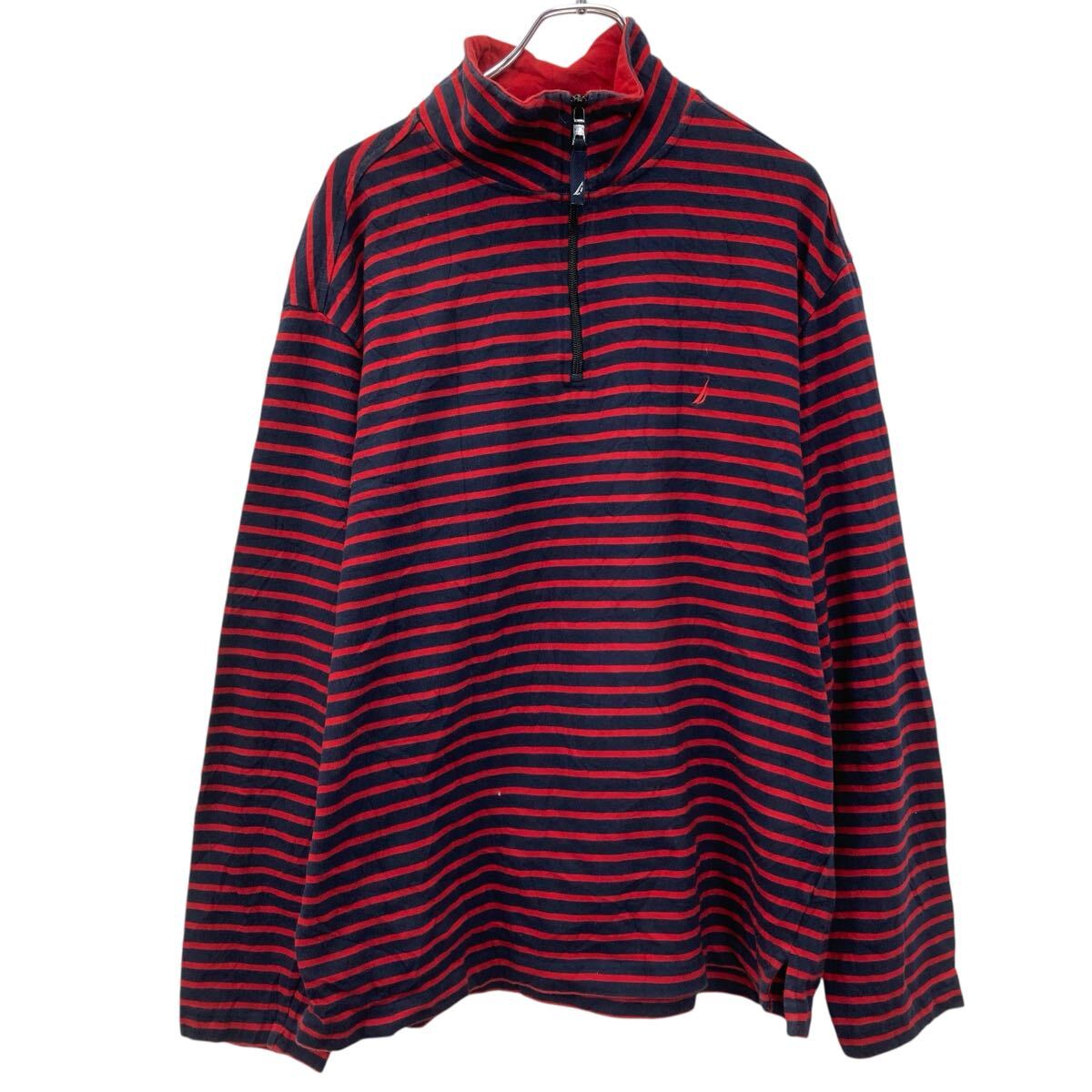 Collaboration - 【中古】【古着】 NAUTICA ロゴスウェット トレーナー L ネイビー レッド ノーティカ ハーフジップ ストライプ 刺繍ロゴ ワンポイント 冬物 a709-6787