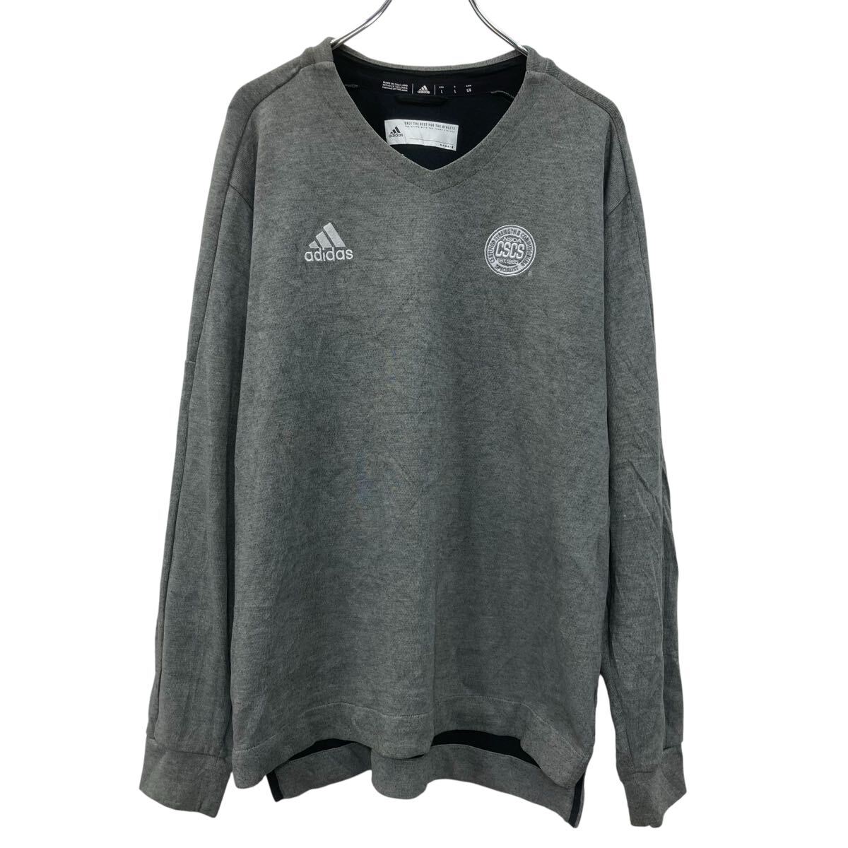 【中古】【古着】 adidas 長袖 ロゴTシャツ L グレー ホワイト アディダス 刺繍ロゴ ワンポイント スポーティ シンプル 無地 シンプル ..