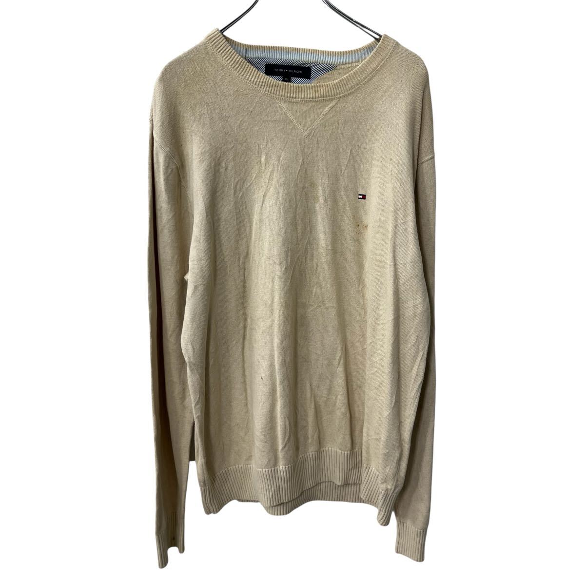 【中古】【古着】 TOMMY HILFIGER コットンニット セーター XL ベージュ トミーヒルフィガー コットン100% 無地 ロゴ プルオーバー シンプル 秋物 a710-5151