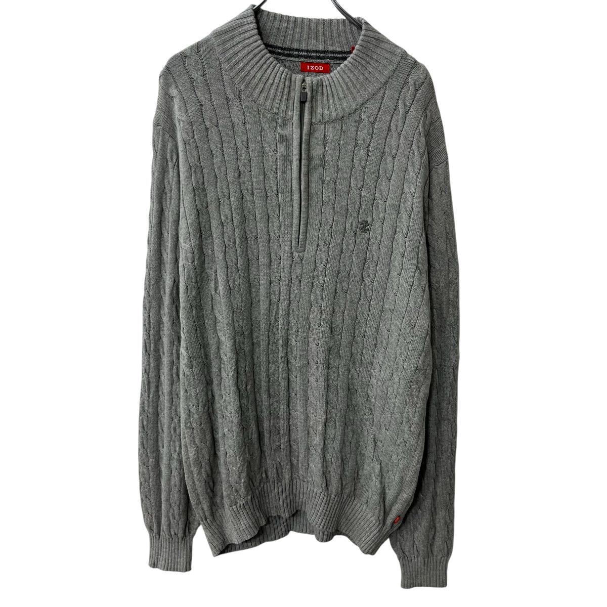 【中古】【古着】 IZOD コットンニット セーター L グレー アイゾッド コットン100% ケーブルニット ハーフジップ モックネック シンプル 秋物 a710-5152