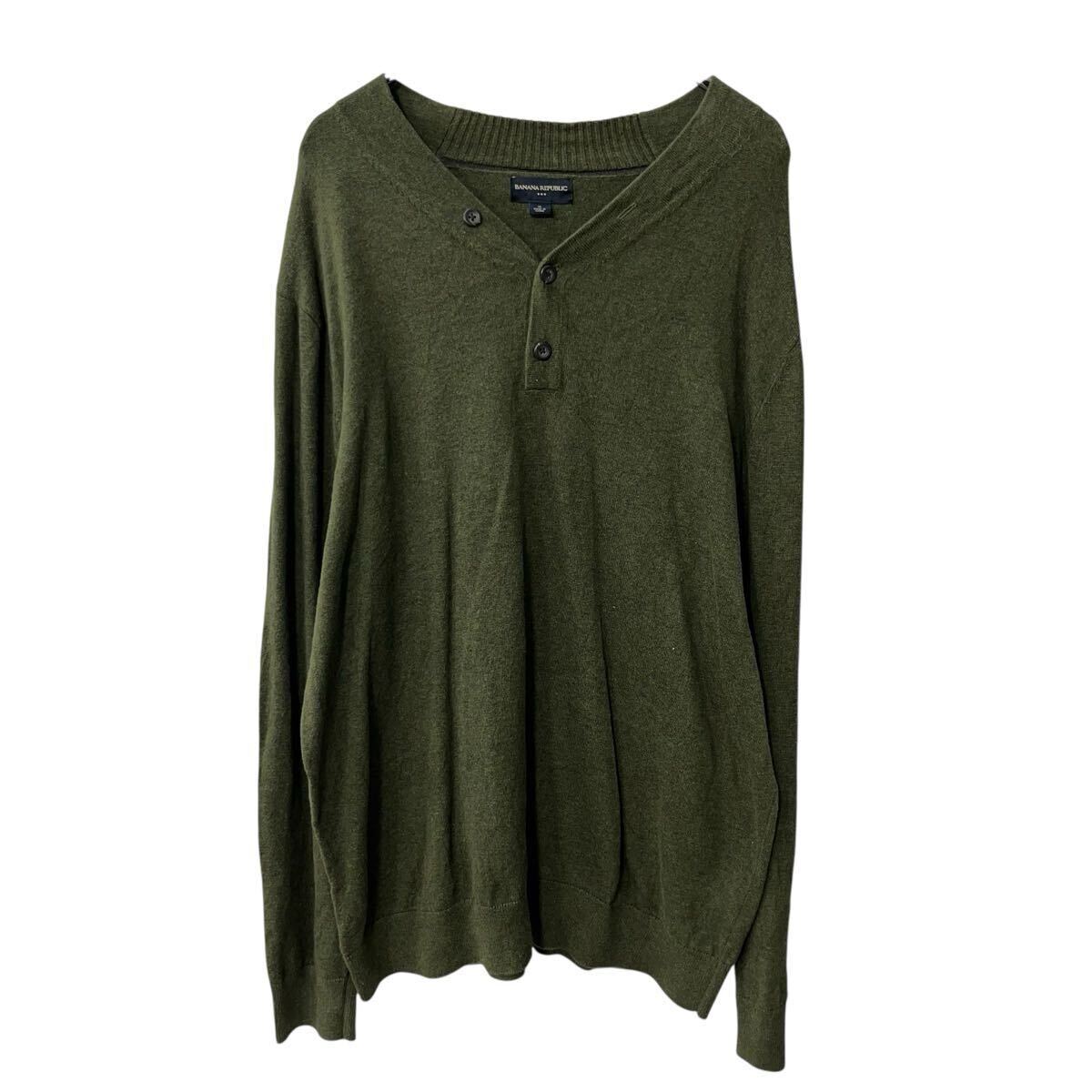 【中古】【古着】 BANANA REPUBLIC コットンニット セーター XL グリーン バナナリパブリック コットン100% 無地 ハーフボタン シンプル 秋物 a710-5154