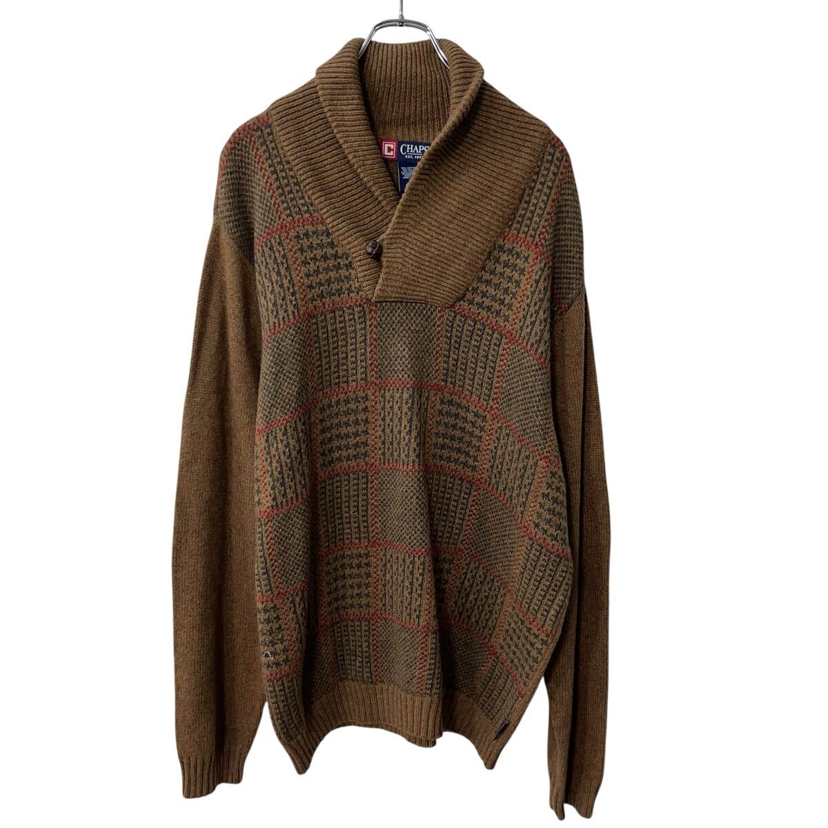 【中古】【古着】 CHAPS ニット セーター L ブラウン チャップス コットン混 ハーフボタン チェック 秋物 a710-5155