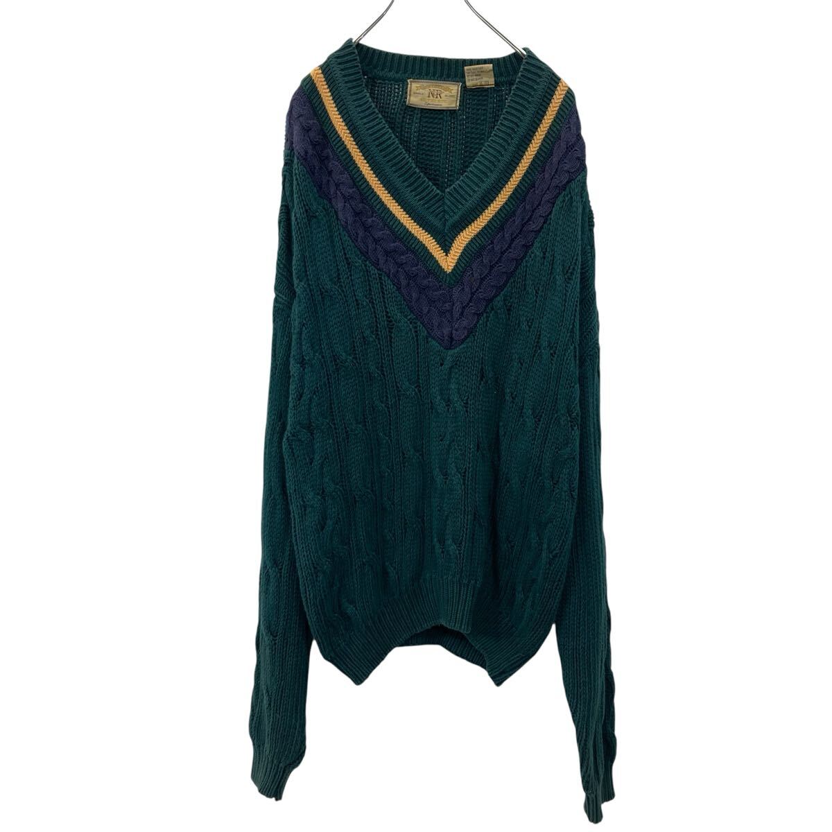 【中古】【古着】 NEW RIVER CO. コットンニット セーター L グリーン プルオーバー コットン100% Vネック シンプル ロングセーター 秋物 a710-5207