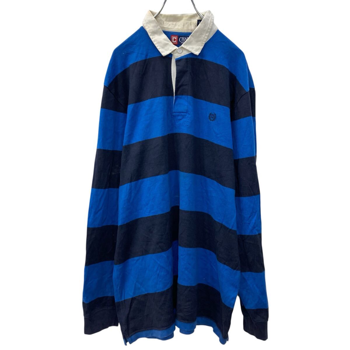 【中古】【古着】 CHAPS 長袖 ラガーシャツ L ブルー ネイビー チャップス ハーフボタン コットン100% 刺繍ロゴ ワンポイント ストライ..