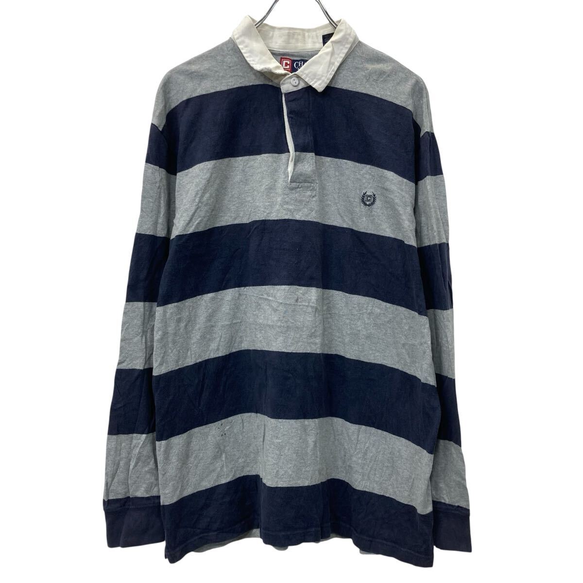 【中古】【古着】 CHAPS 長袖 ラガーシャツ XL ネイビー グレー チャップス ハーフボタン コットン100% 刺繍ロゴ ボーダー シンプル 秋物 a710-5288