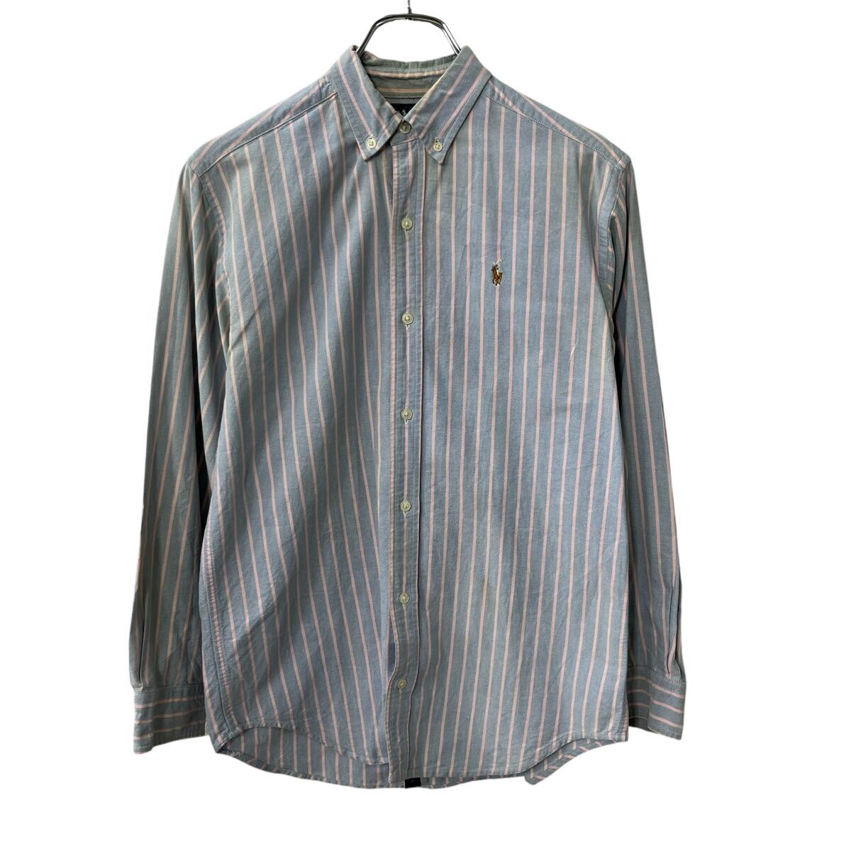 【中古】【古着】 POLO RALPH LAUREN 長袖 ストライプシャツ L ライトブルー ポロラルフローレン ワンポイントロゴ 長袖シャツ ボタンダウン 春物 a710-5341