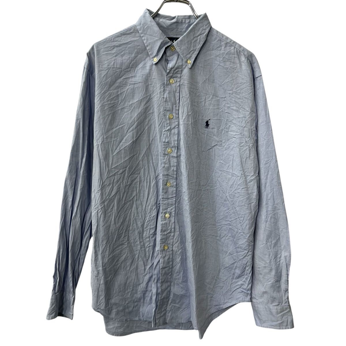 【中古】【古着】 POLO RALPH LAUREN 長袖 無地シャツ L〜 ライトブルー ポロラルフローレン ワンポイントロゴ コットン ボタンダウン 春物 a710-5346
