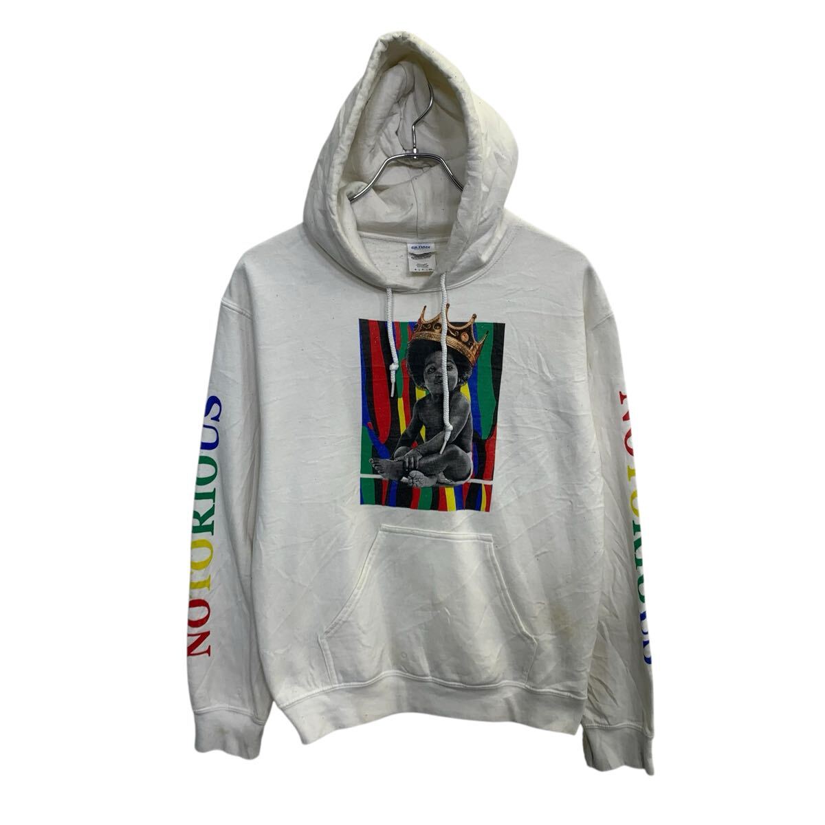 【中古】【古着】 GILDAN プリントスウェット パーカー S ホワイト ギルダン プルオーバー ノトーリア..